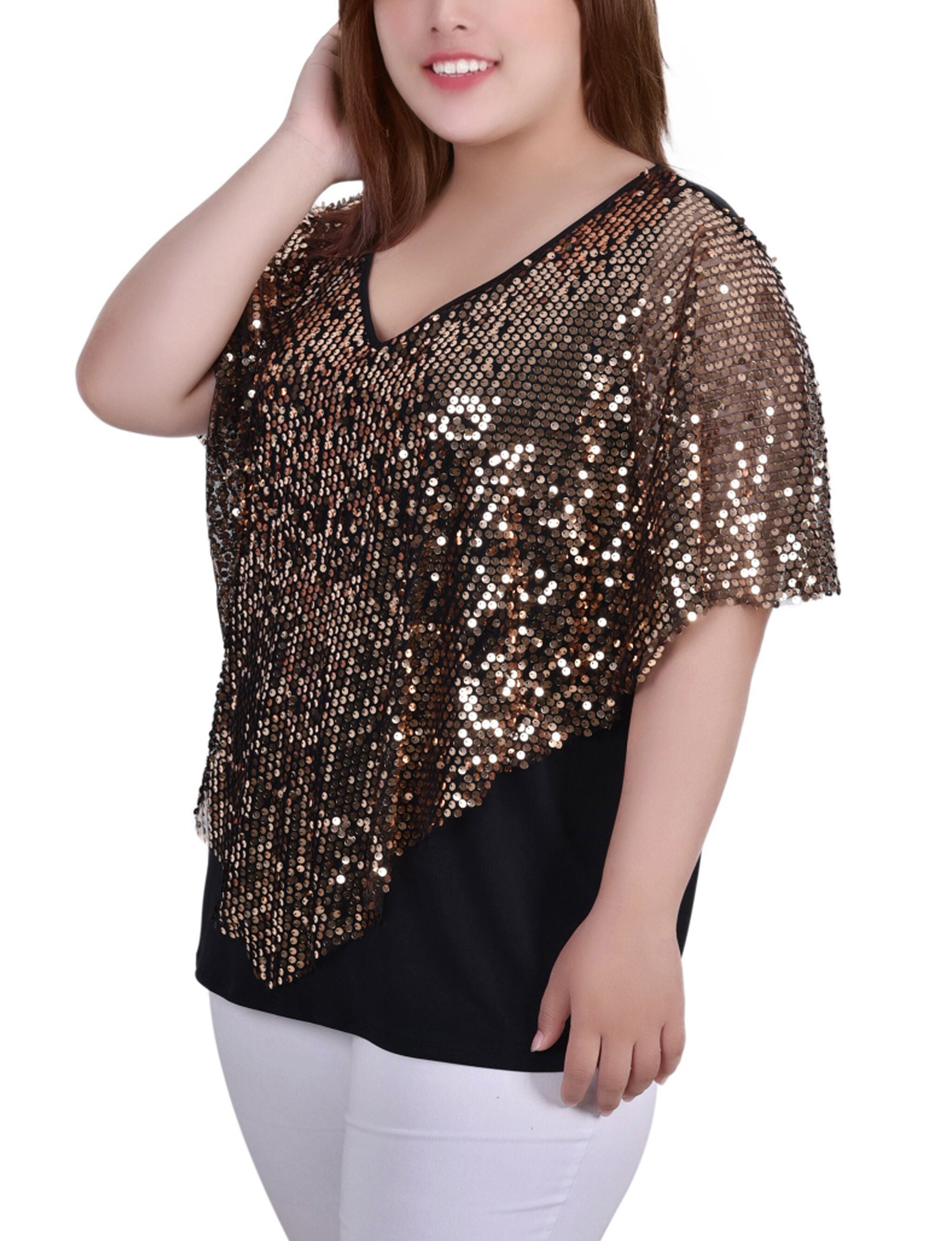 Short Sleeve Sequined Poncho, Gold Discoball, alternate image number 1