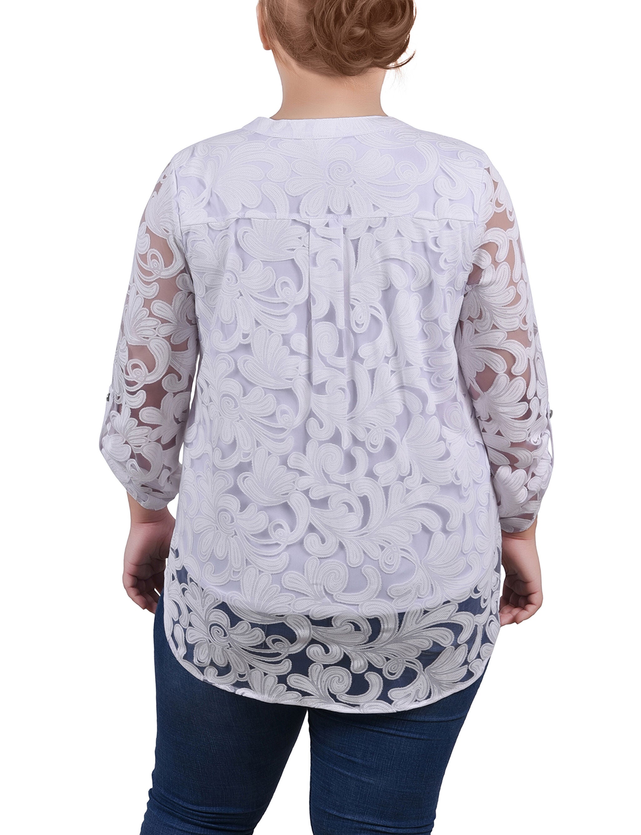 Long Sleeve Burnout Y Neck Blouse, White Scrolleaf, alternate image number 1