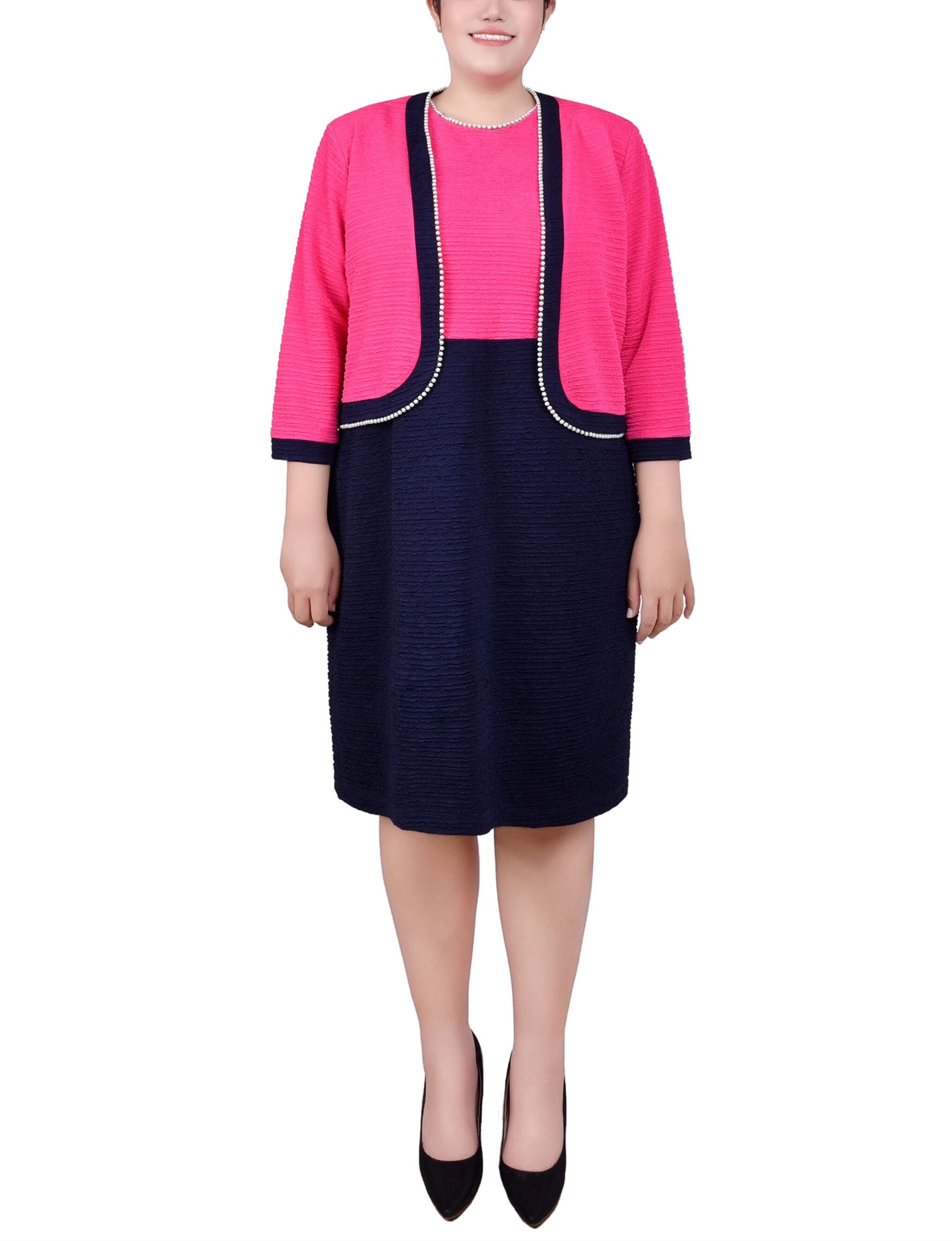 3/4 Sleeve Textured Knit 2 Piece Dress Set, Navy Havana Pink, hi-res image number 0