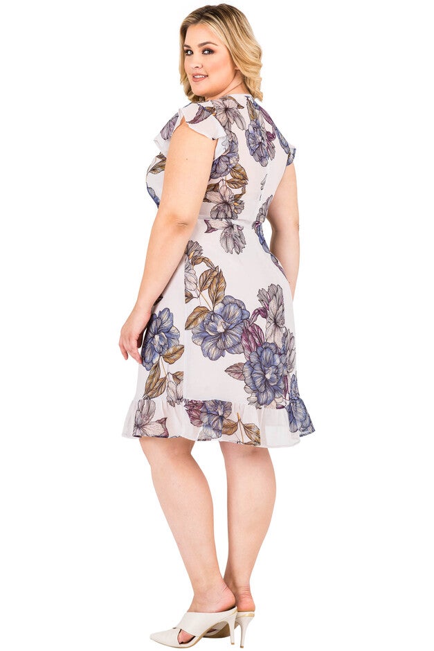 Plus Size Women's Grey Floral Chiffon Mini Ruffle Dress, , alternate image number 2