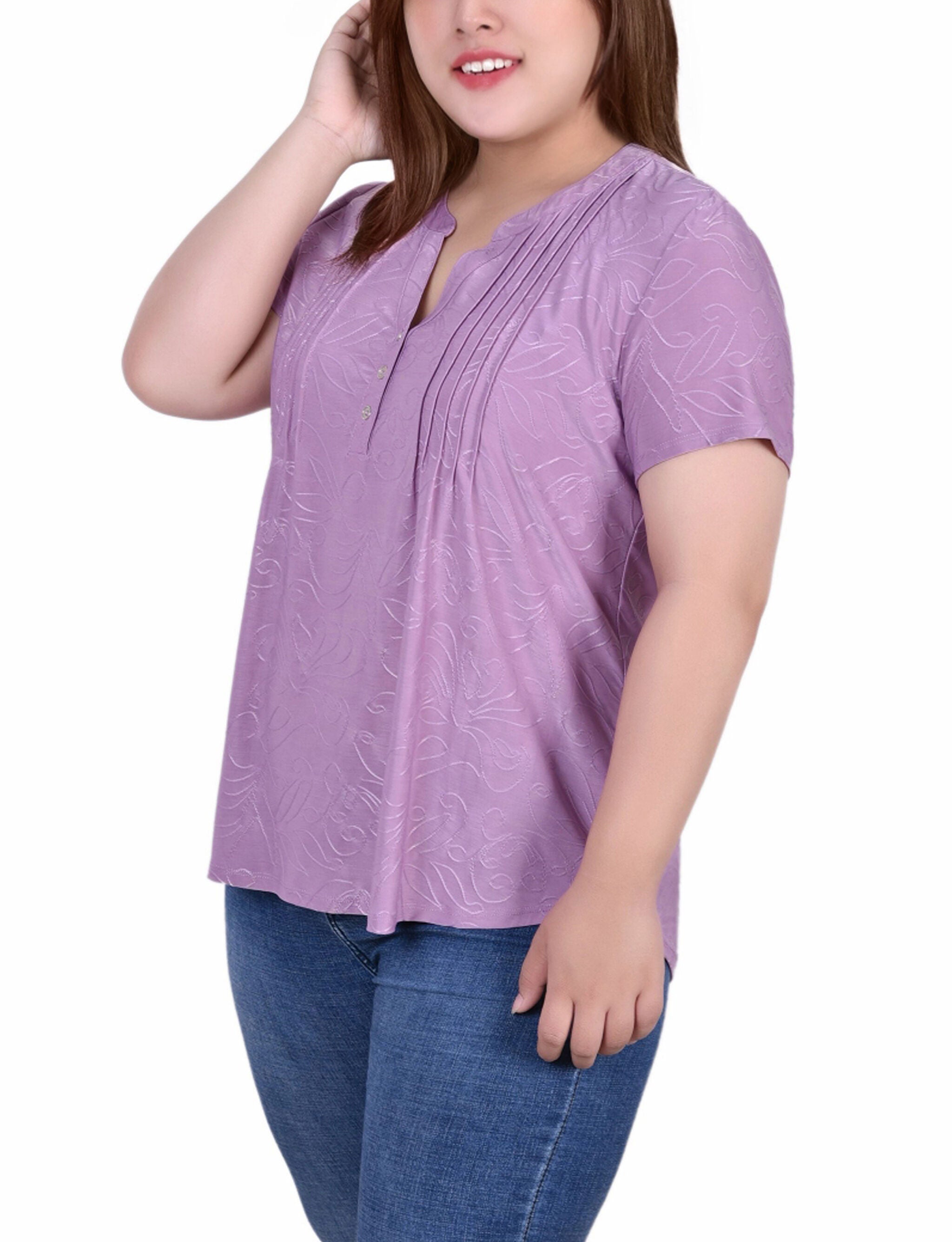 Short Sleeve Y Neck Jacquard Knit Top, Lilac, alternate image number 2