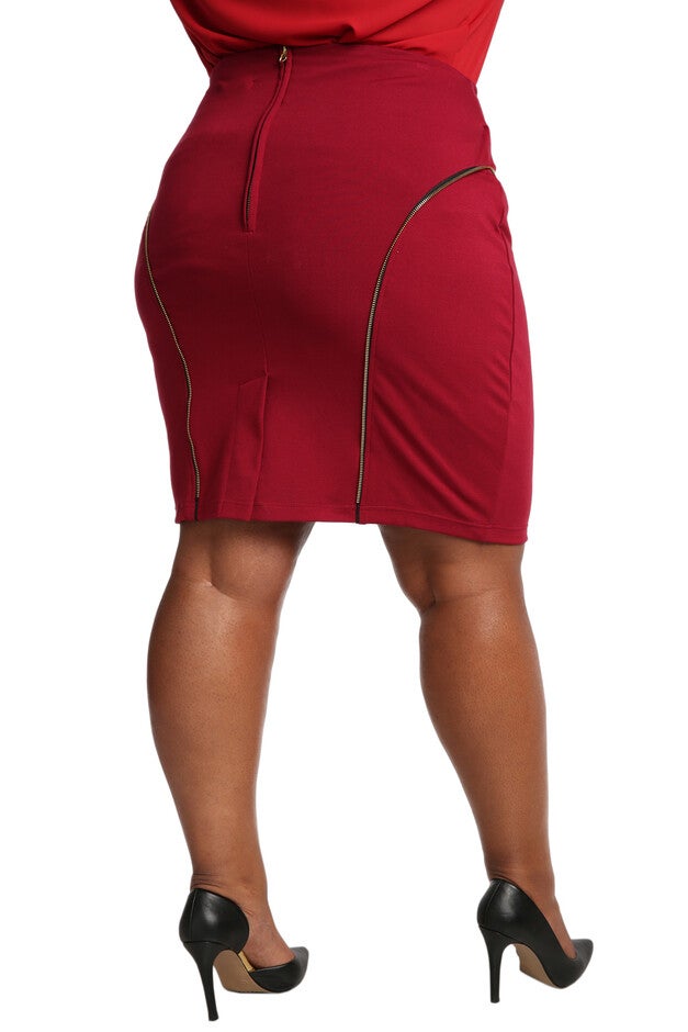 Plus Size Curvy Women's Black Stretch Ponte Zipper Trim Pencil Skirt, Wine, hi-res image number 0