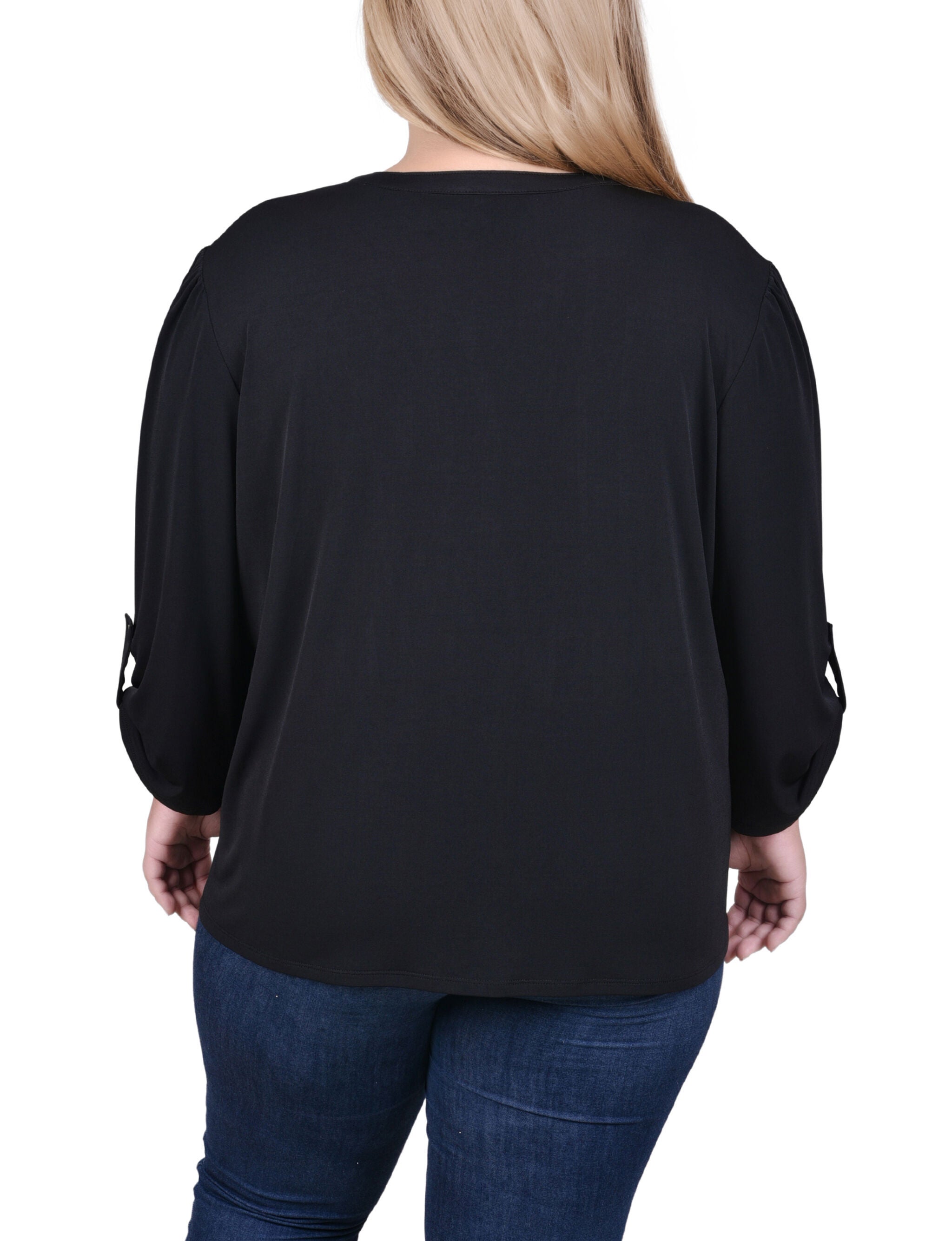 Long Sleeve Pintuck Front Top With Chain Details, Black, alternate image number 2