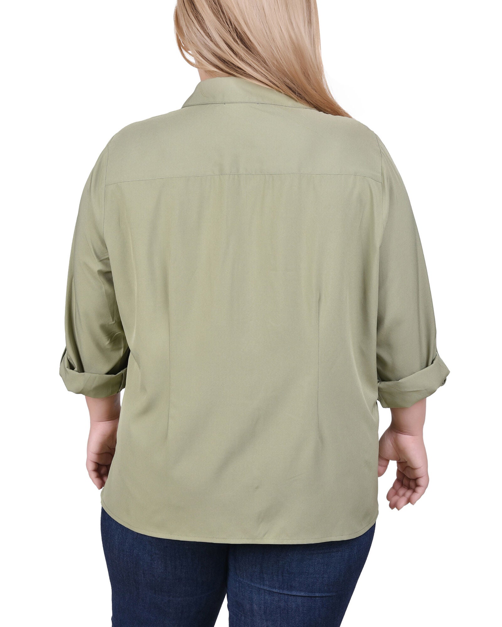 3/4 Roll Tab Blouse With Pockets, Oil Green, alternate image number 2
