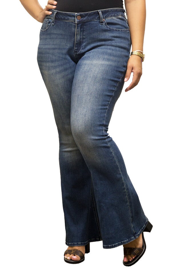Plus Size Women's Curvy Fit Stretch Denim Distressed Flare Jeans, , alternate image number null