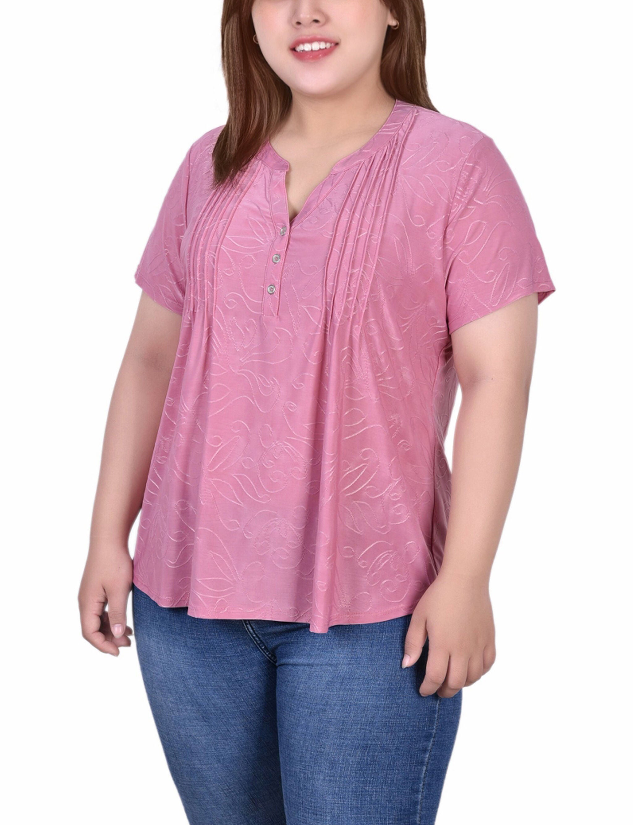 Short Sleeve Y Neck Jacquard Knit Top, Polignac, hi-res image number 0