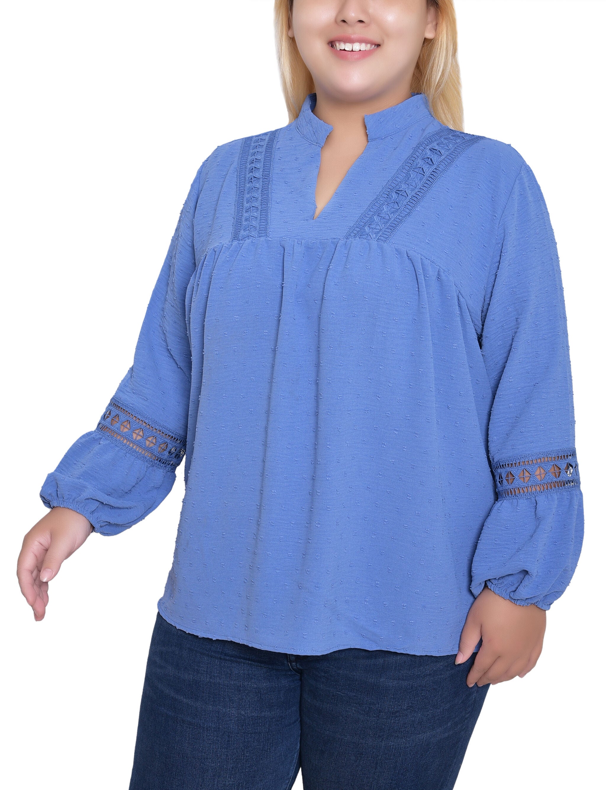 Long Sleeve Blouse With Crochet Trim, Colony Blue, alternate image number 1
