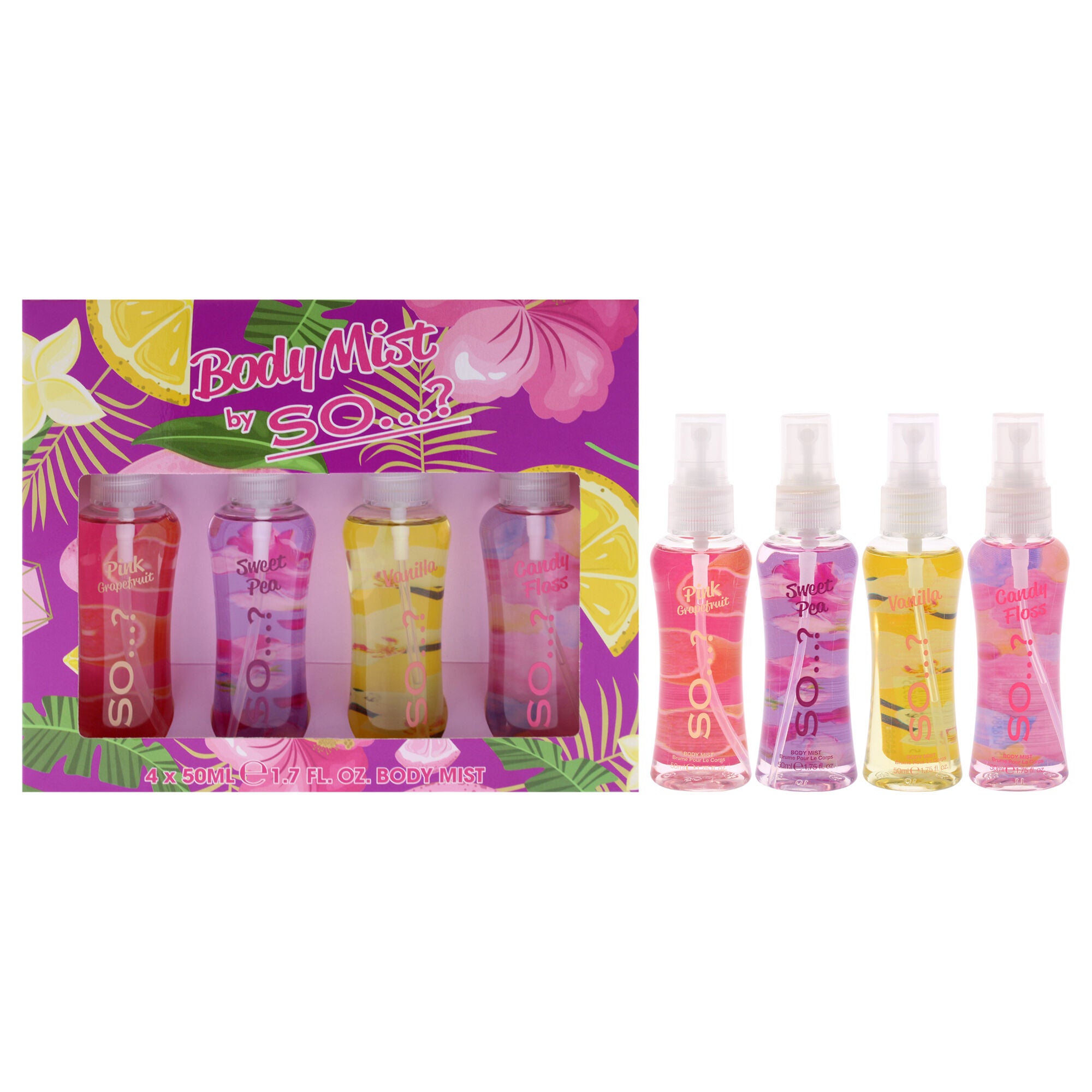 Body Mist Set by So?? - 4 Pc 1.7oz Body Mist - Pink Grapefruit, 1.7oz Body Mist - Sweet Pea, 1.7oz Body Mist - Vanilla, 1.7oz Body Mist - Candy Floss, See Description, hi-res image number 0