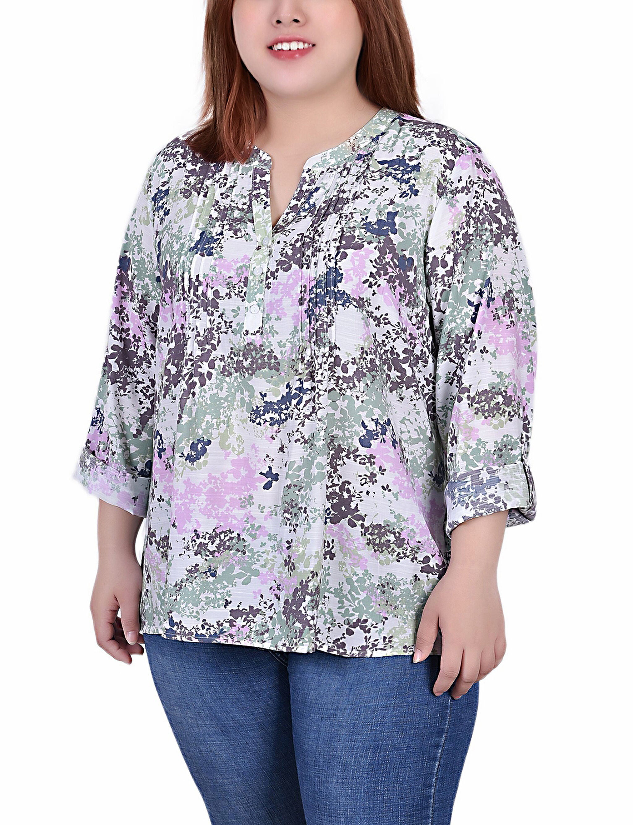 3/4 Y Neck Blouse, Tiedye Floral, hi-res image number 0
