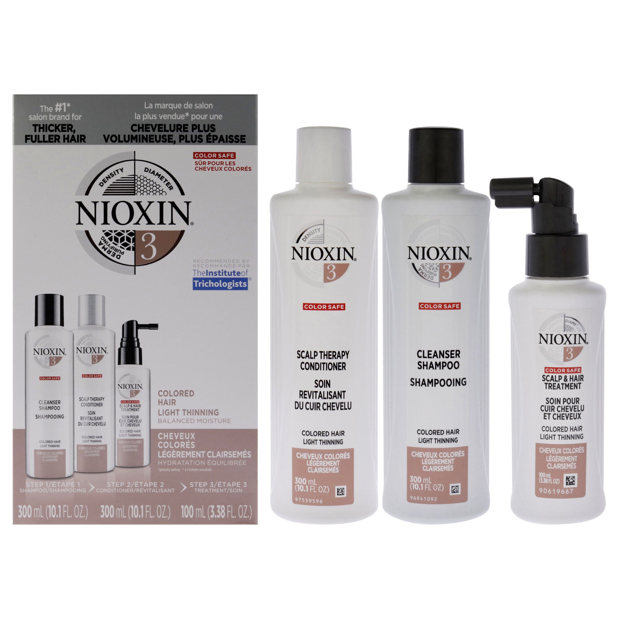 System 3 Kit by Nioxin for Unisex - 3 Pc 10.1oz Color Safe Cleanser Shampoo, 10.1 oz Color Conditioner, 1Liter Color Safe Scalp and Hair Treatment, See Description, hi-res image number 0
