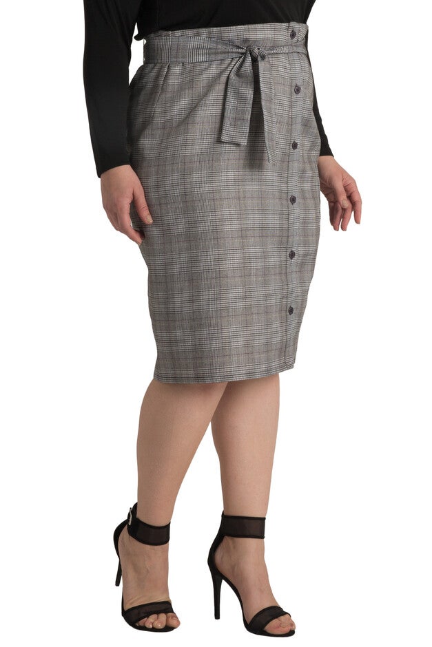 Plus Size Glen Plaid Suiting Button Front Paper Bag Waist Belted Skirt, , alternate image number null