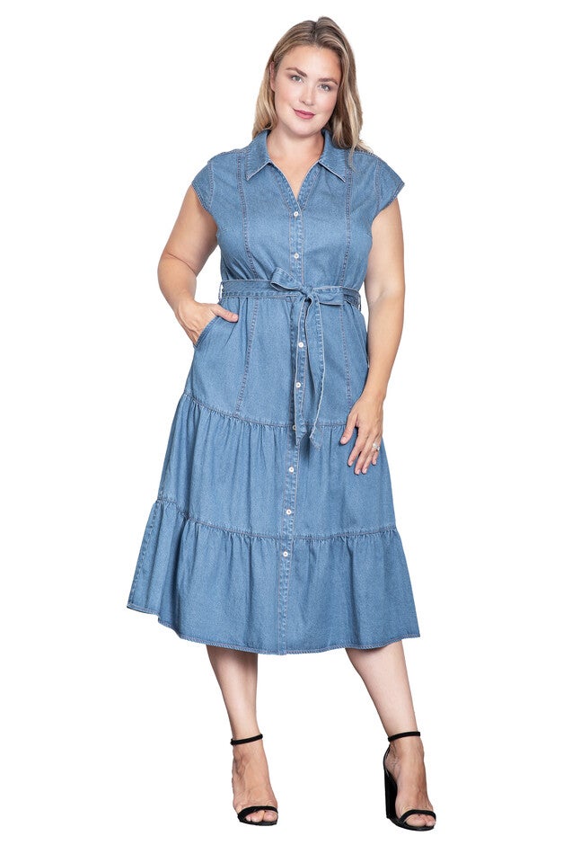 A-Line Tiered Denim Midi Dress, Blue Rinse / Light Blue, alternate image number null