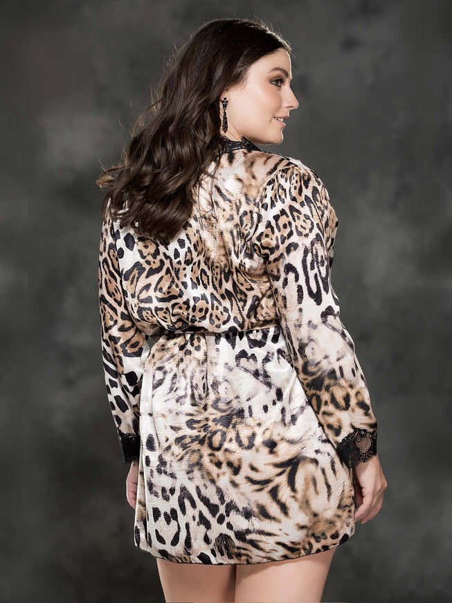 Leopard Print Charmeuse Robe, Leopard, alternate image number null