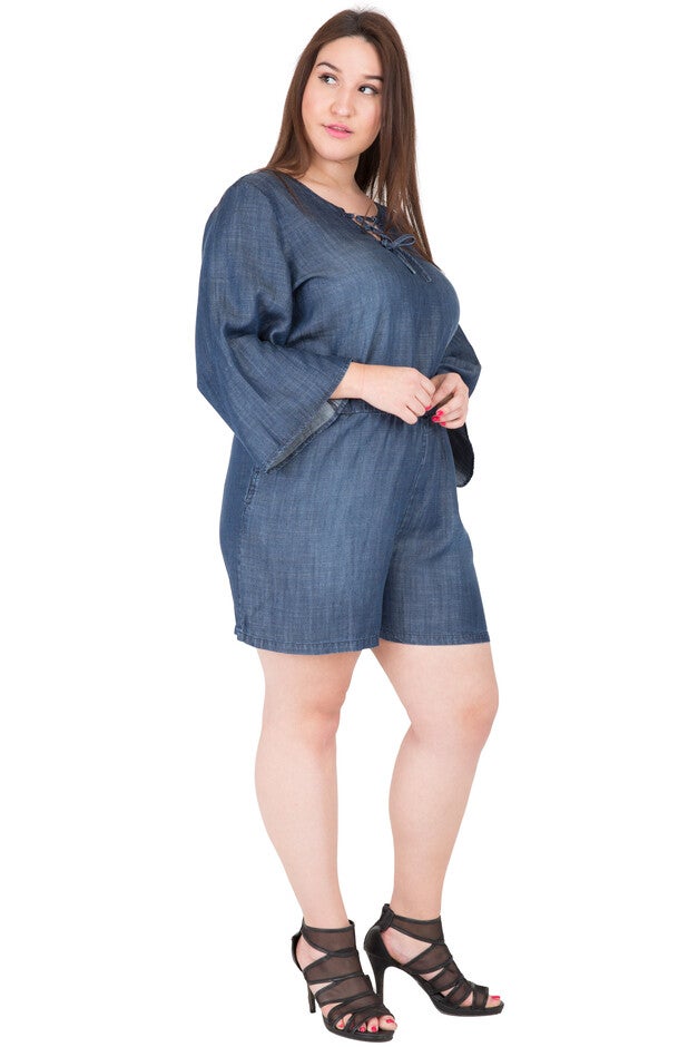 Plus Size Women's Bell Sleeve Lace-Up Tencel Denim Rompers, , alternate image number null