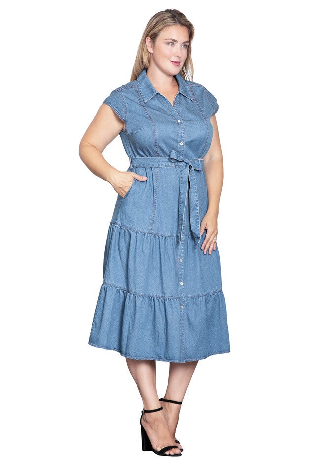 A-Line Tiered Denim Midi Dress, Blue Rinse / Light Blue, alternate image number null