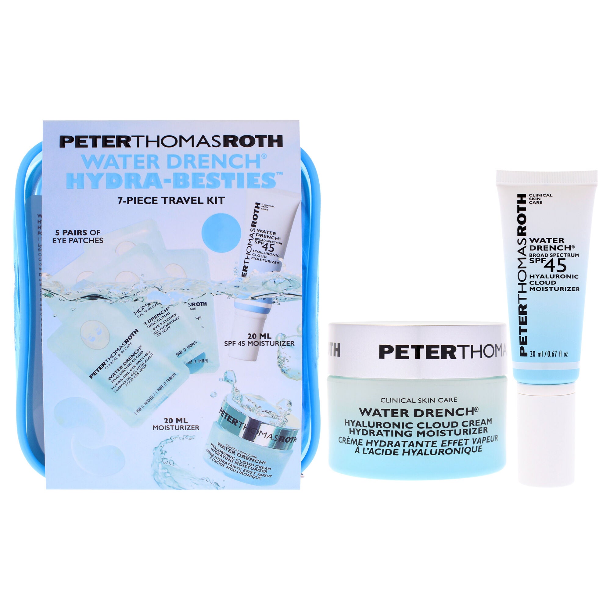 Water Drench Hydra-Besties Travel Kit by Peter Thomas Roth for Unisex - 7 Pc 5 Pair Water Drench Gel Eye Patches, 0.67oz Water Drench Moisturizer, 0.67oz Water Drench Broad Spectrum SPF 45 Moisturizer, White, hi-res image number 0