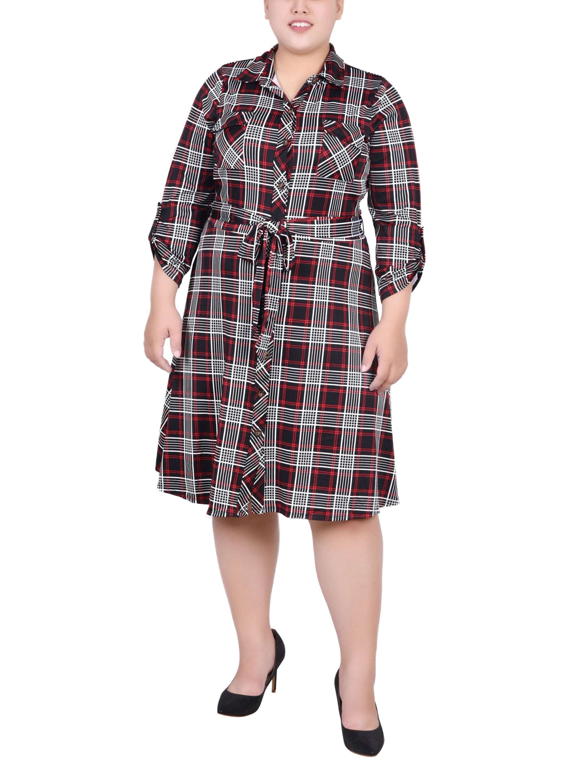 3/4 Slv Roll Tab Shirtdress, Nancy Plaid, hi-res image number 0