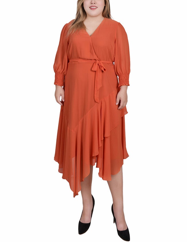 3/4 Sleeve Belted Chiffon Hankerchief Hem Dress, Orange Rust, hi-res image number 0
