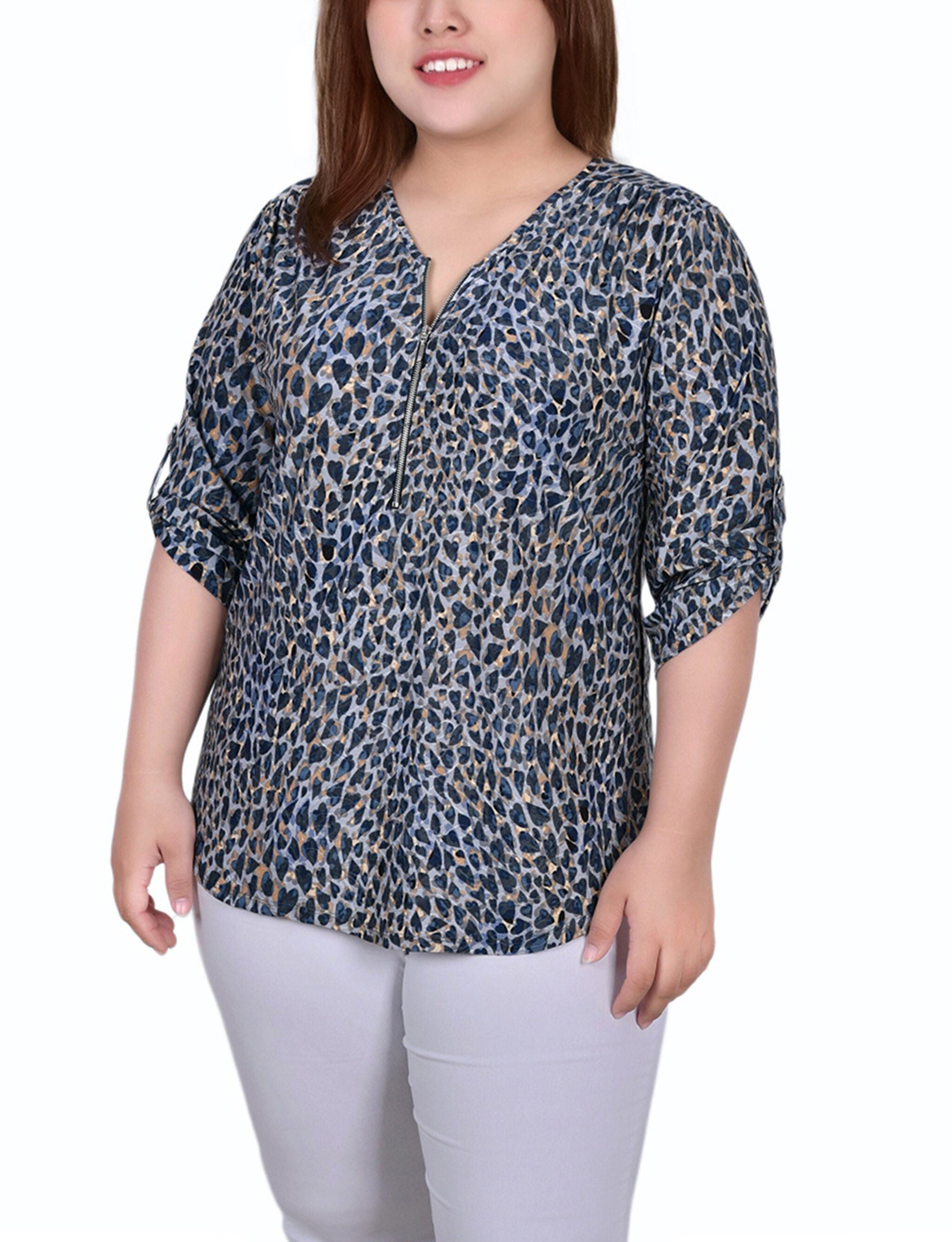 3/4 Roll Tab Zip Front Jacquard Knit Top, Snow Leopard, hi-res image number 0
