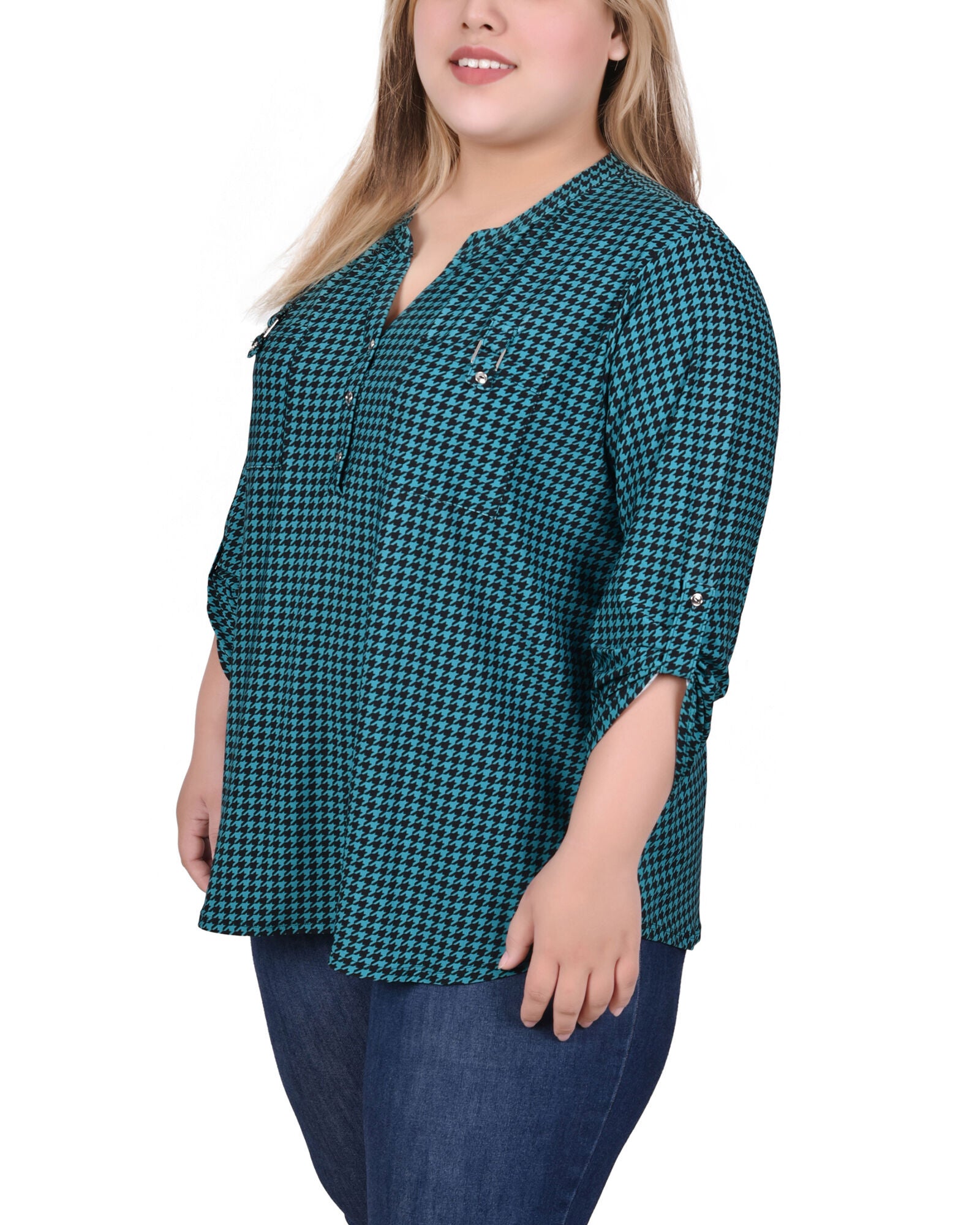 Long Tab-Sleeve Top With Pockets, Fanfare Black Houndstooth, alternate image number 1