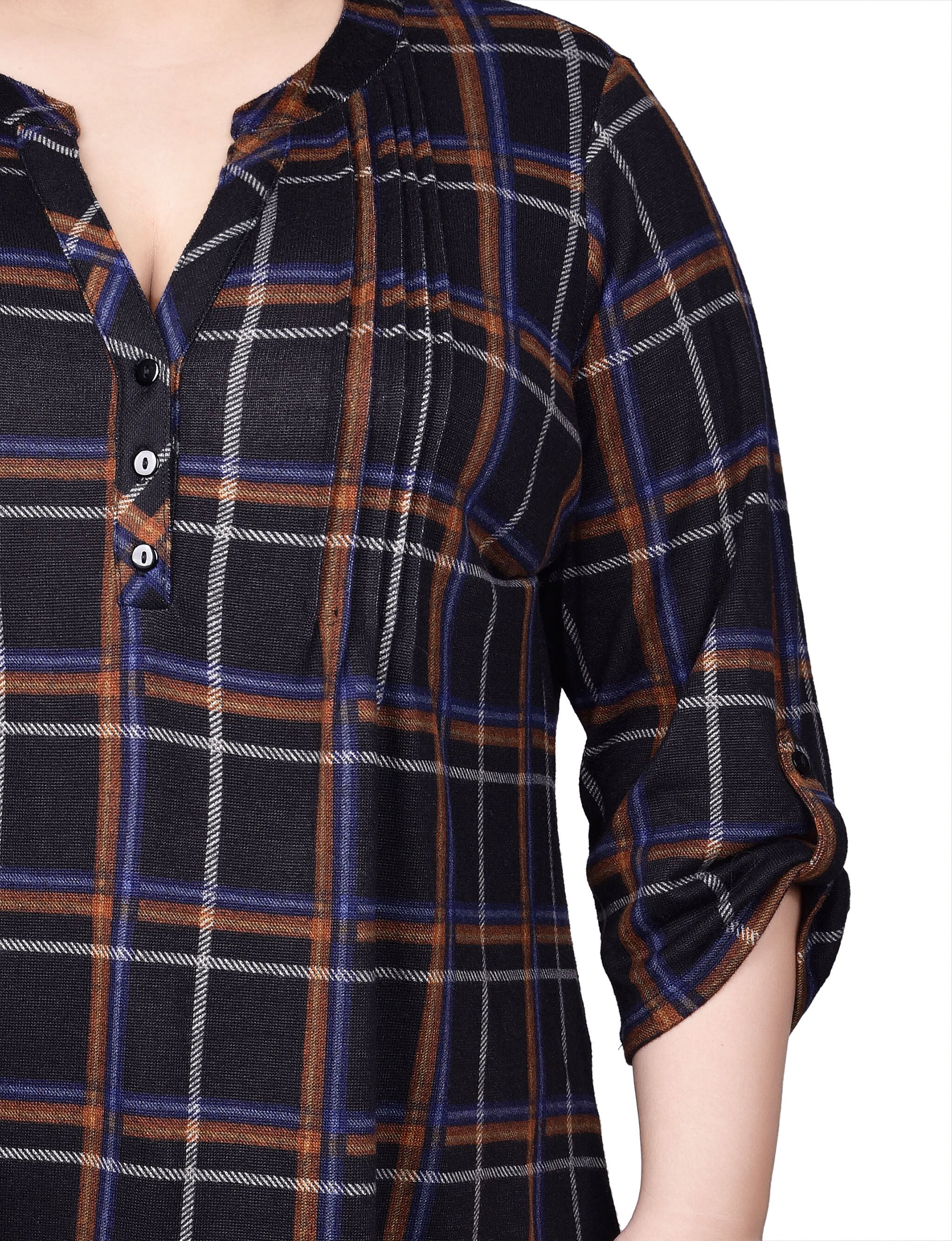 3/4 Roll Sleeve Top, Black Ivory Plaid / black, alternate image number 1