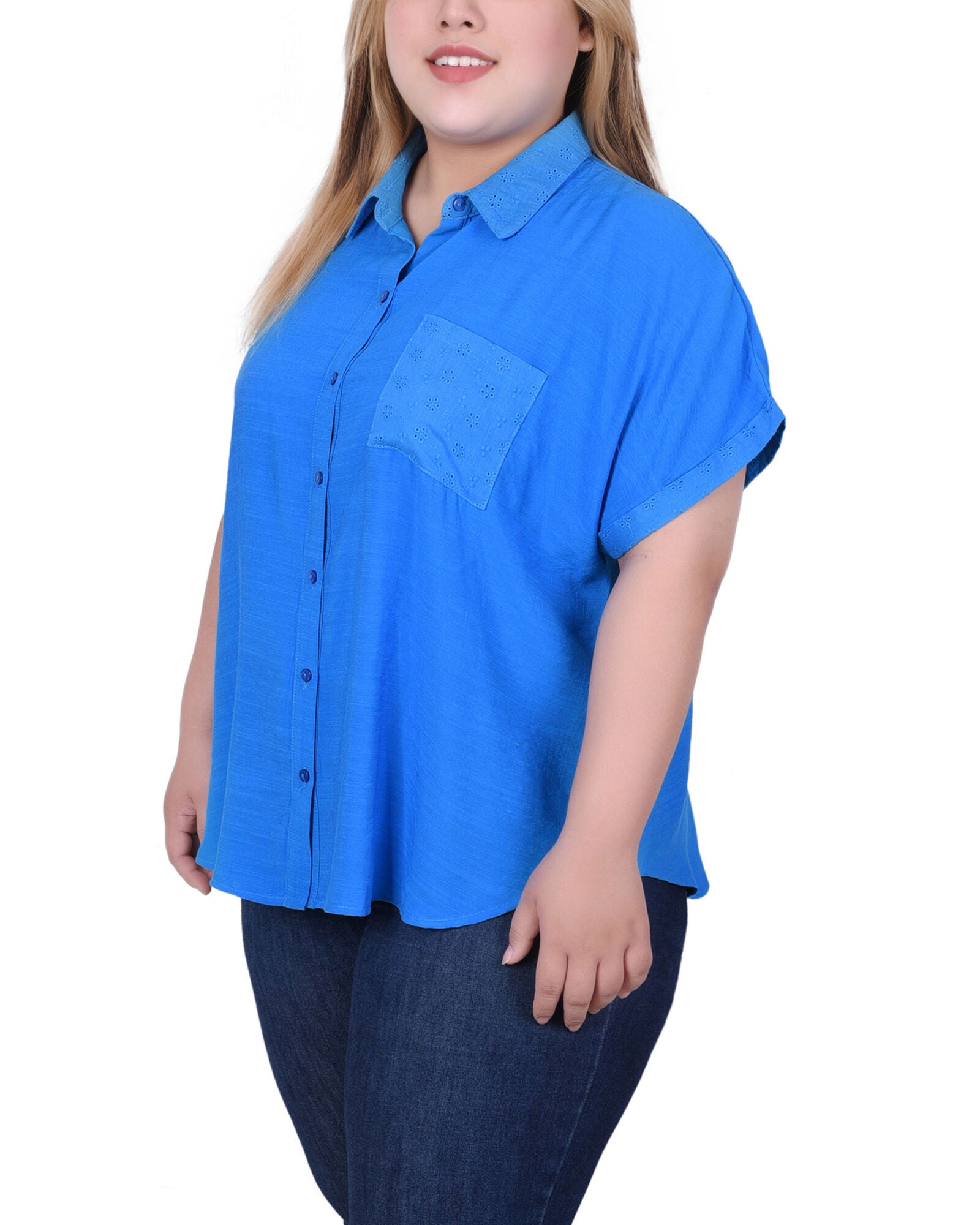 Short Extended Sleeve Blouse, Blue, alternate image number 1