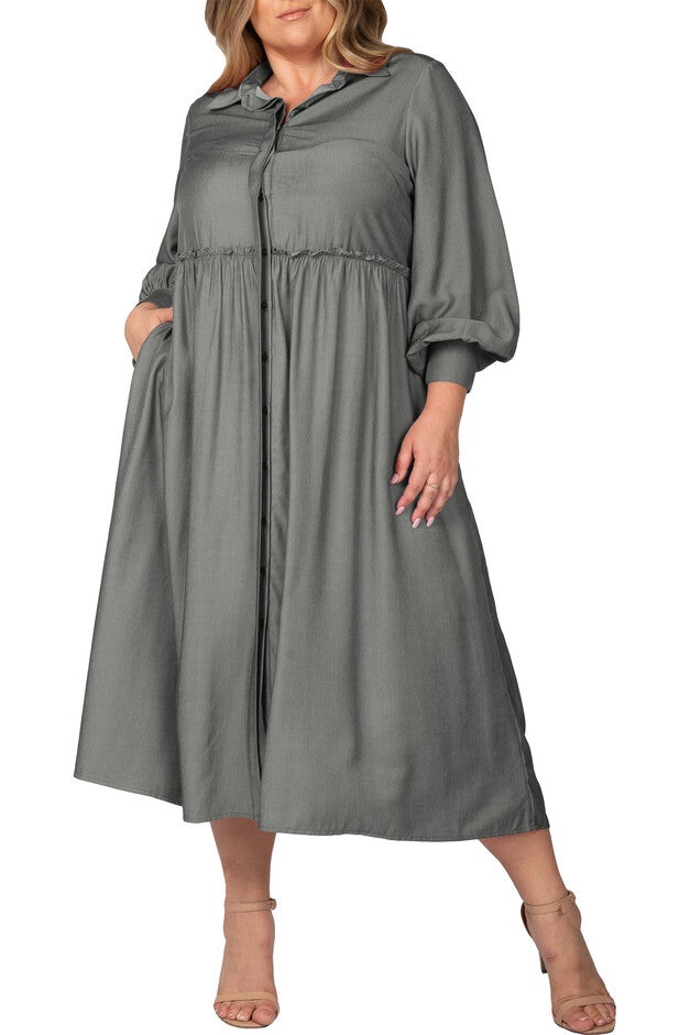 Women's Plus Size Button Front Shirt Dress With Cuffed Balloon Sleeves, Hunter, hi-res image number null