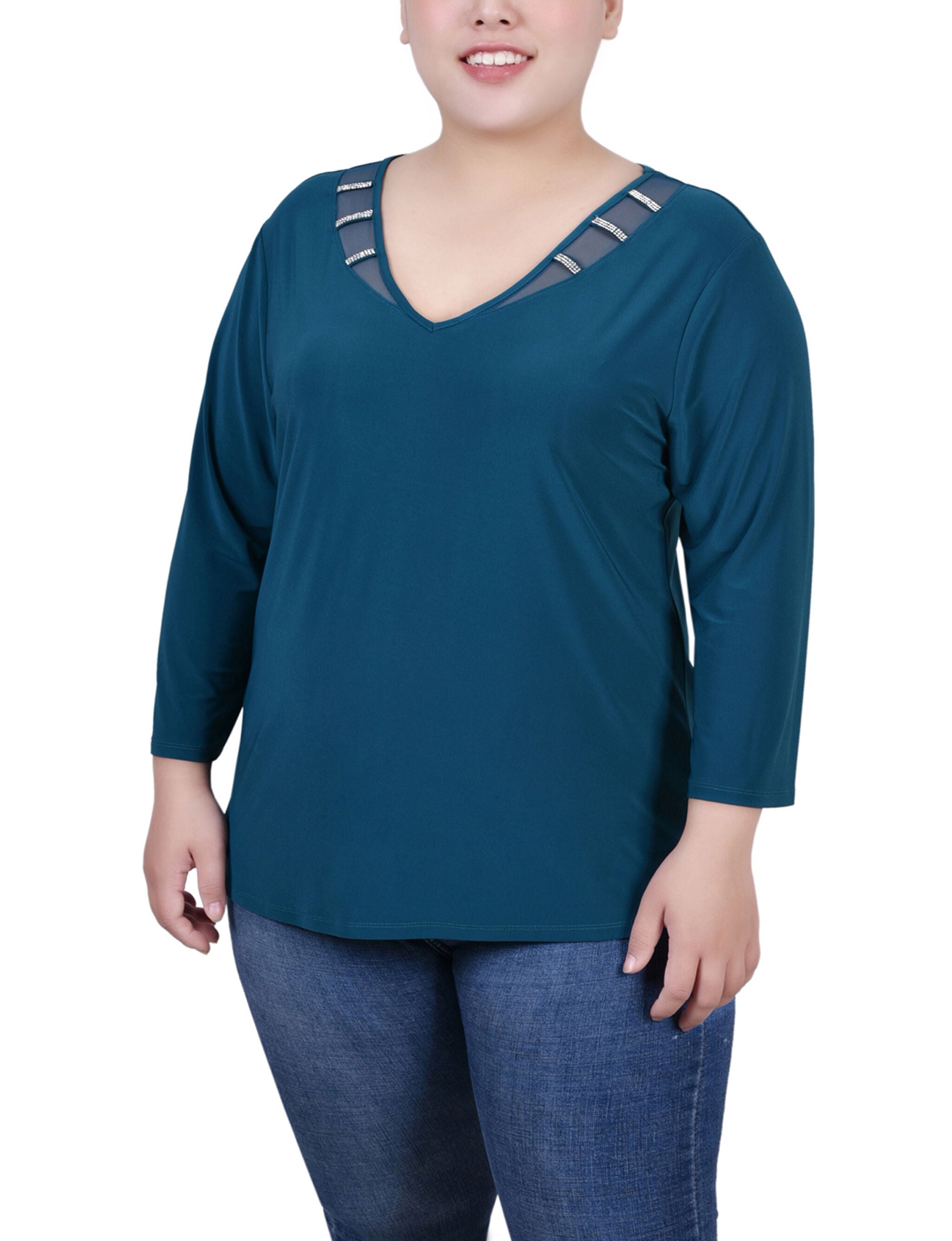 3/4 Sleeve Top With Illusion Neckline and Stones, Fanfare, hi-res image number 0