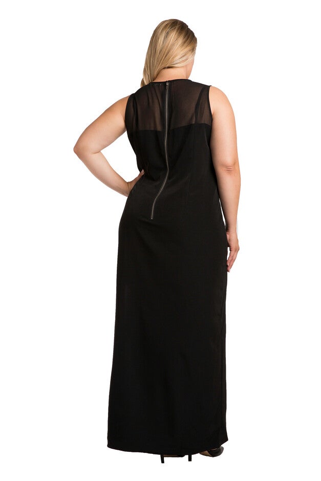 Plus Size Women's Black Asymmetrical Hem Slit Maxi Dress, , alternate image number null