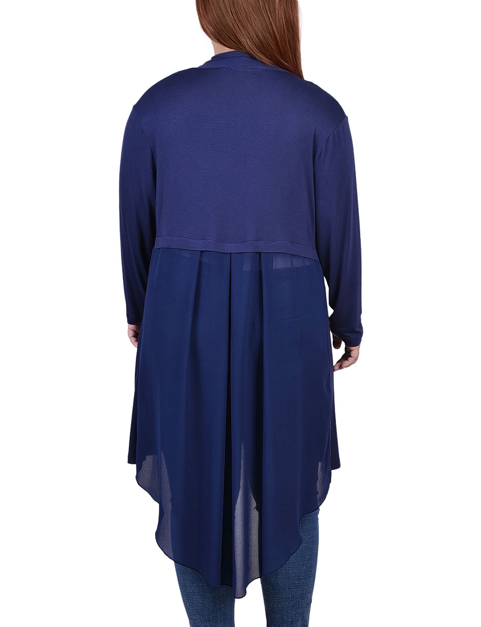 Long Sleeve Knit Cardigan With Chiffon Back, Navy, alternate image number 2
