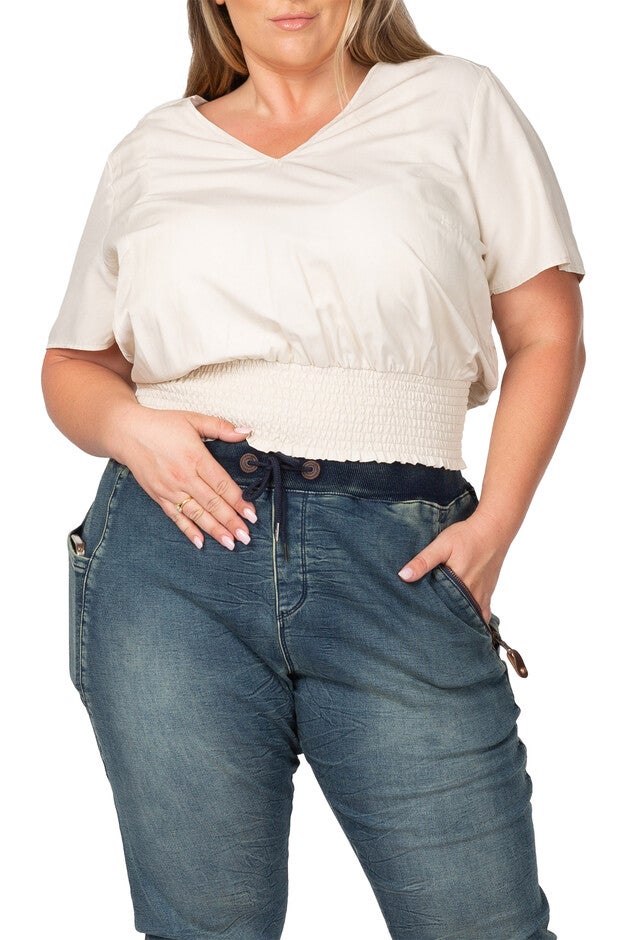Women's Plus Size V Neck Short Sleeve Smocking Waist Blouse, Beige, hi-res image number null