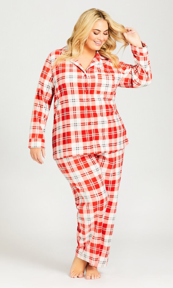 Button Check Fleece Sleep Top - red check, , alternate image number 1