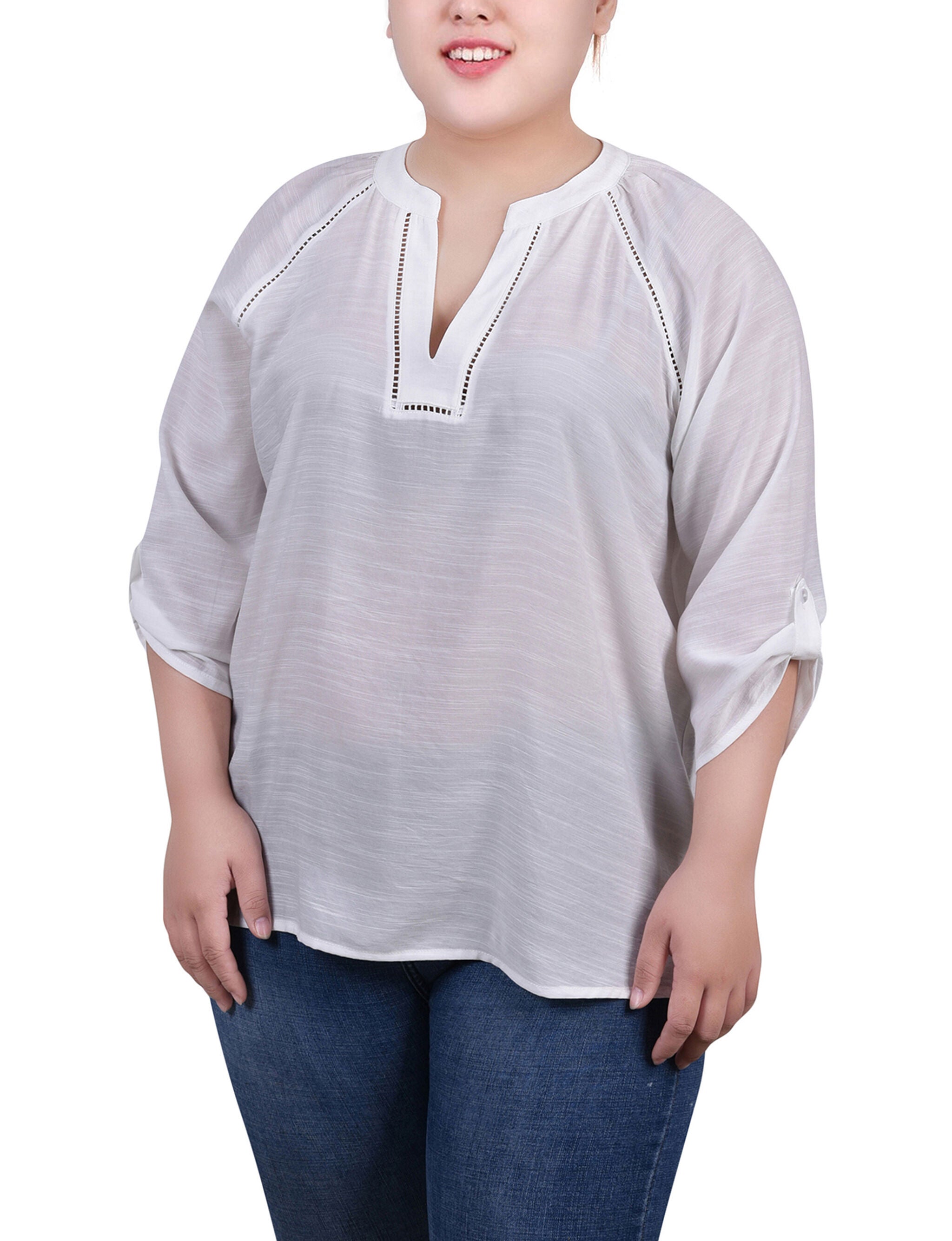 Raglan Sleeve Split Neck Blouse, White, hi-res image number 0