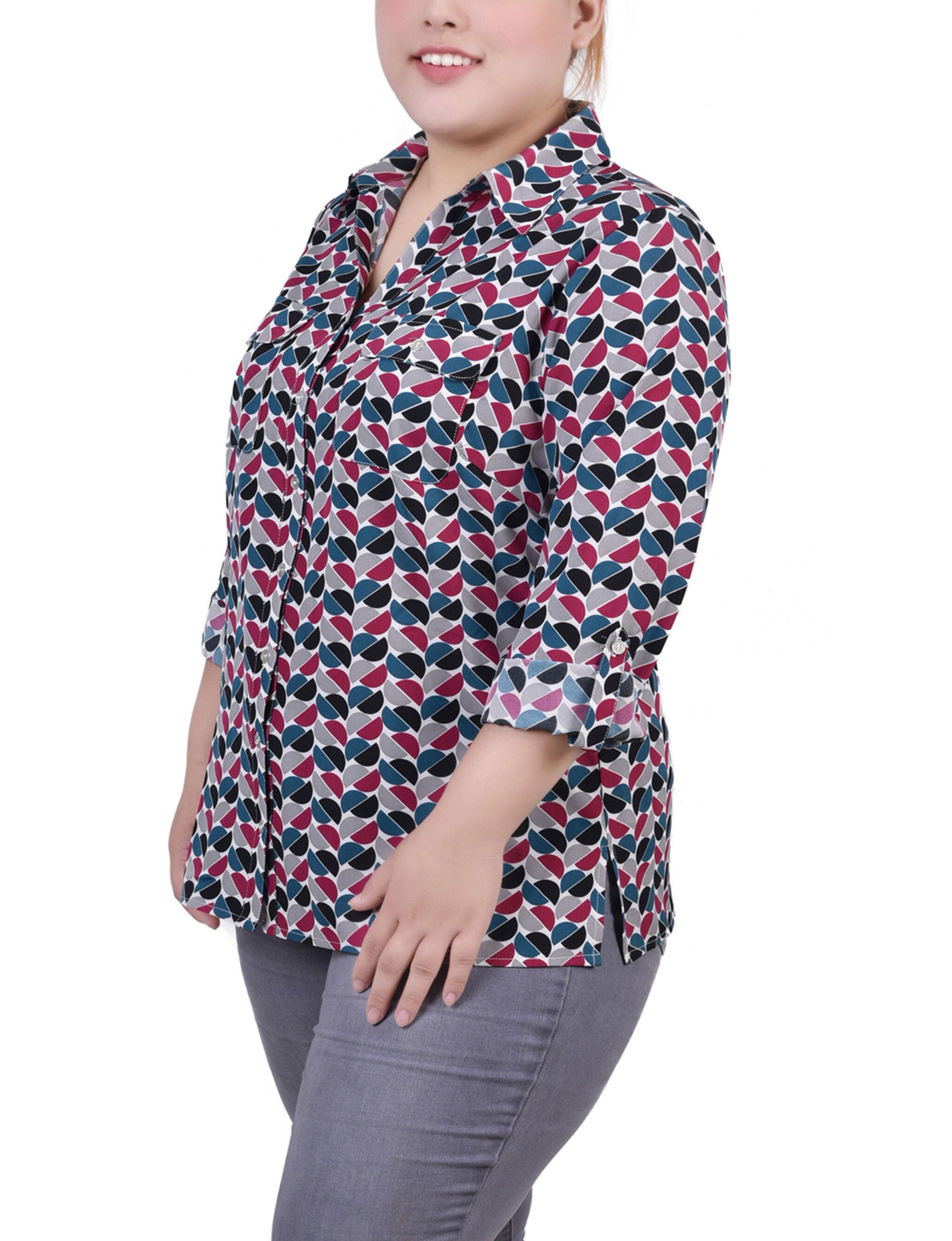 3/4 Roll Tab Blouse With Pockets, Beet Red White Half Ball Geo, alternate image number 1