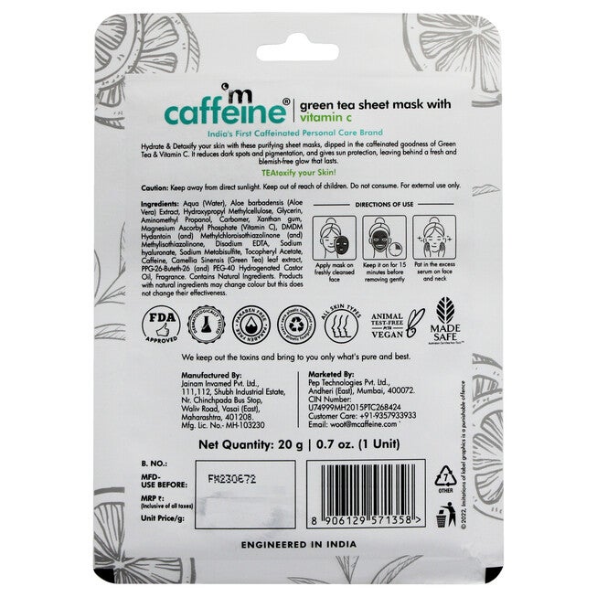 Green Tea Sheet Mask with Vitamin C by mCaffeine for Unisex - 0.7 oz Mask, See Description, alternate image number 2