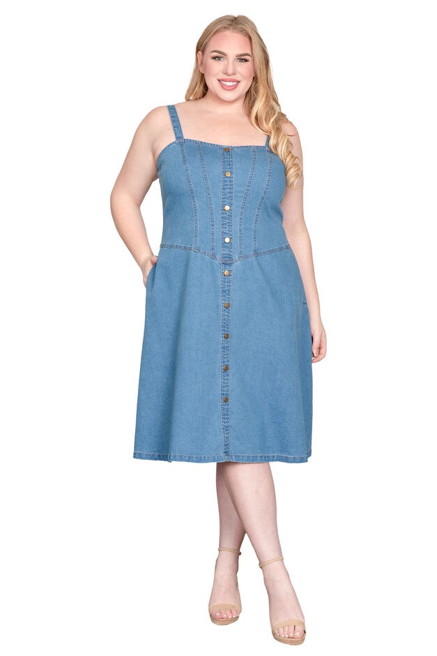 Straps Button Front Denim Midi Dress, Blue Blast / Light Blue, hi-res image number 0