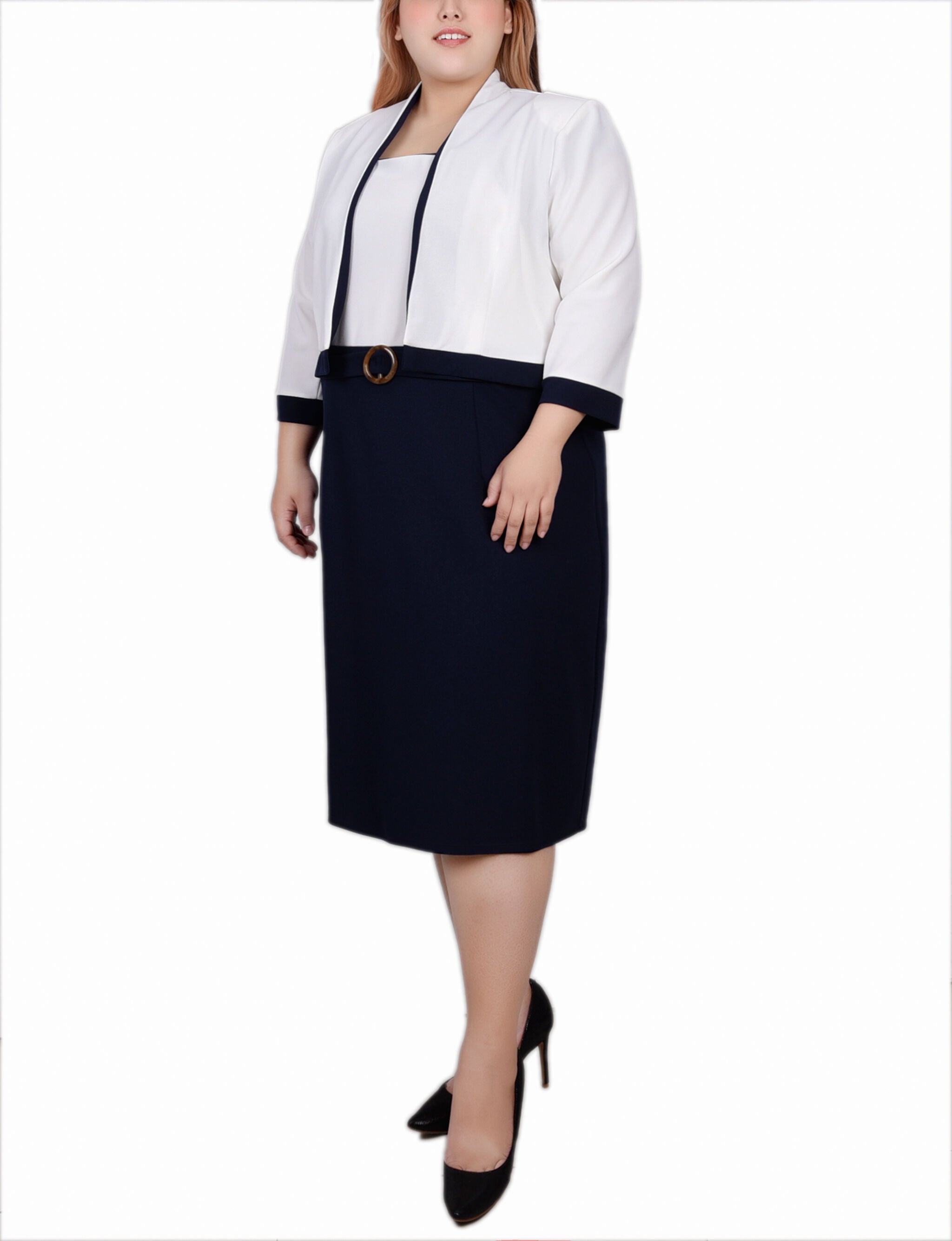 3/4 Sleeve 2 Piece Colorblocked Dress Set, Navy Ivory / blue, alternate image number 2