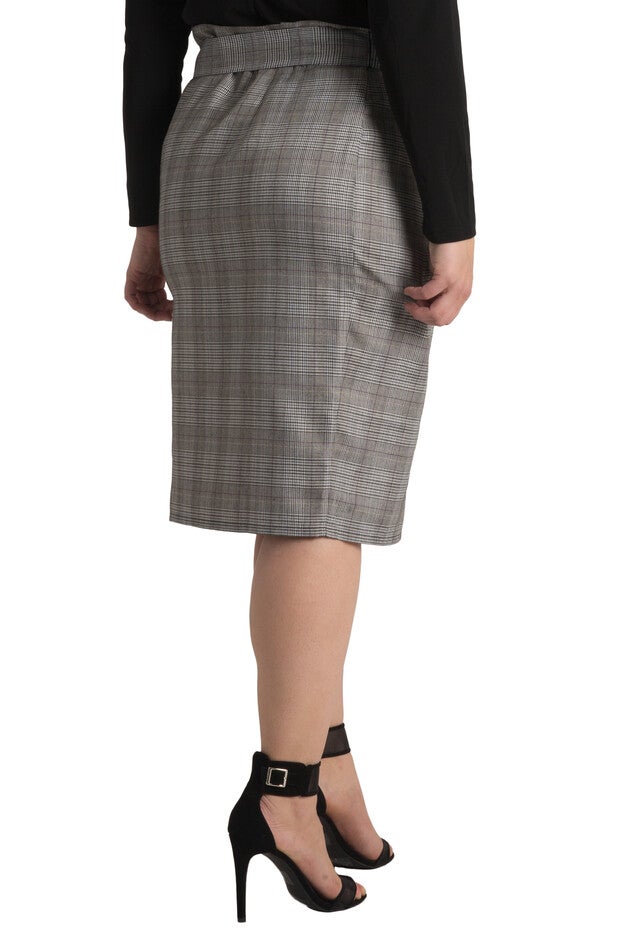 Plus Size Glen Plaid Suiting Button Front Paper Bag Waist Belted Skirt, , alternate image number null