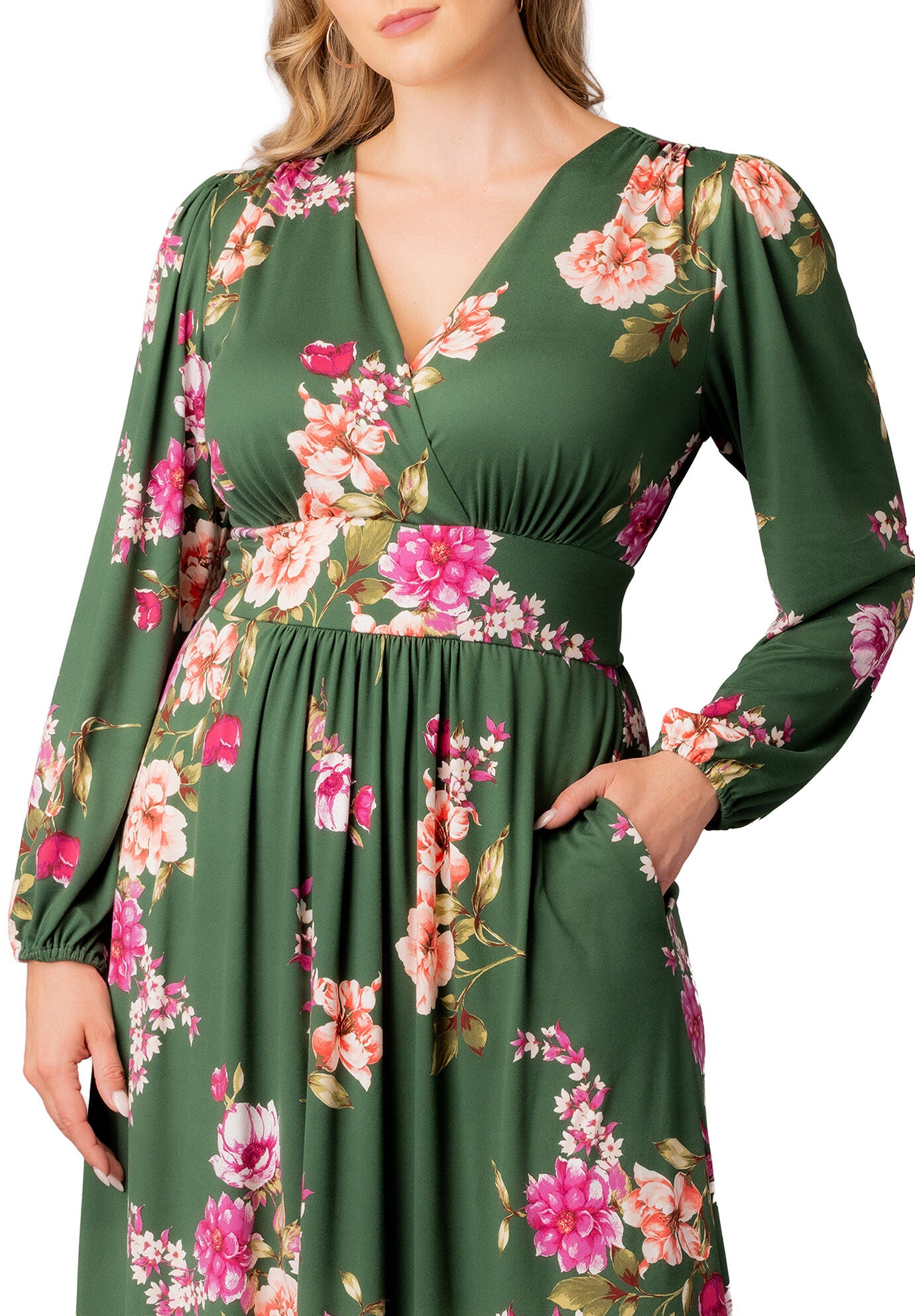 Kelsey Long Sleeve Maxi Dress, Green Floral Print / Forest Green, alternate image number 2