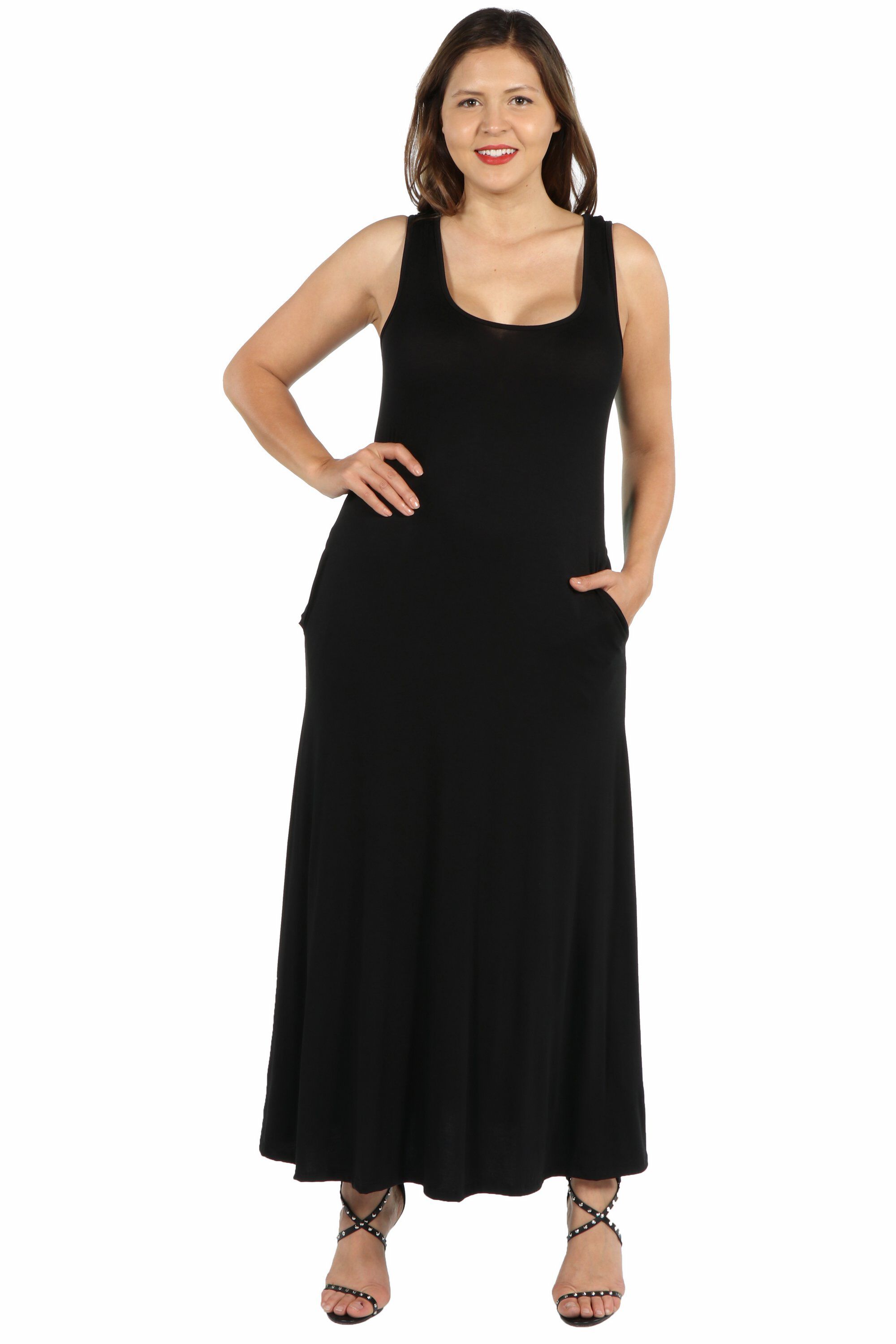 Sleeveless Tank Plus Size Maxi Dress with Pockets, Black, hi-res image number 0