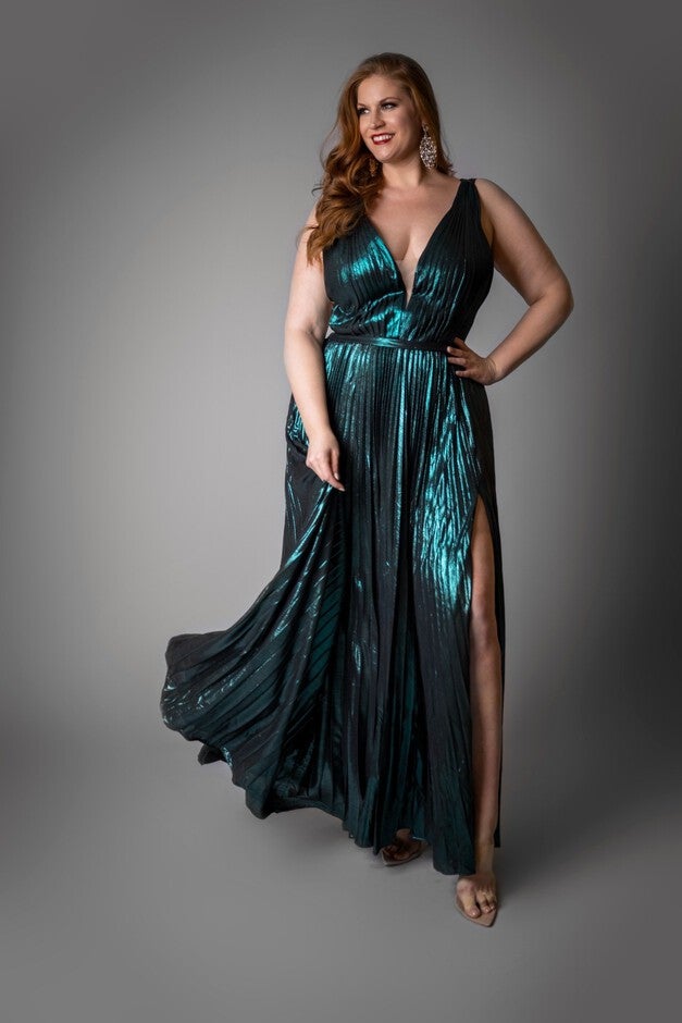 Madison Metallic Pleated Gown, Emerald, hi-res image number 0