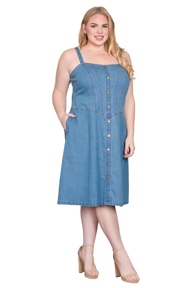 Straps Button Front Denim Midi Dress, Blue Blast / Light Blue, alternate image number 2