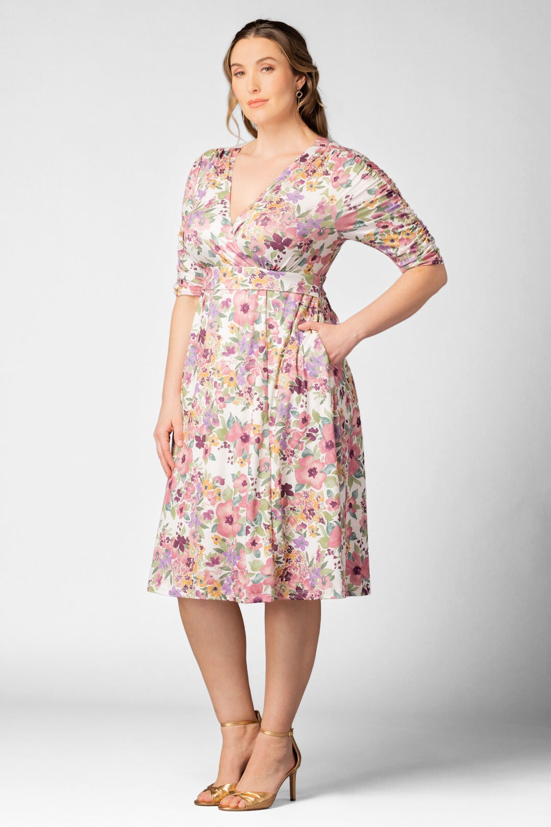 Gabriella Dress, Mauve Watercolor Bouquet / White, alternate image number 3