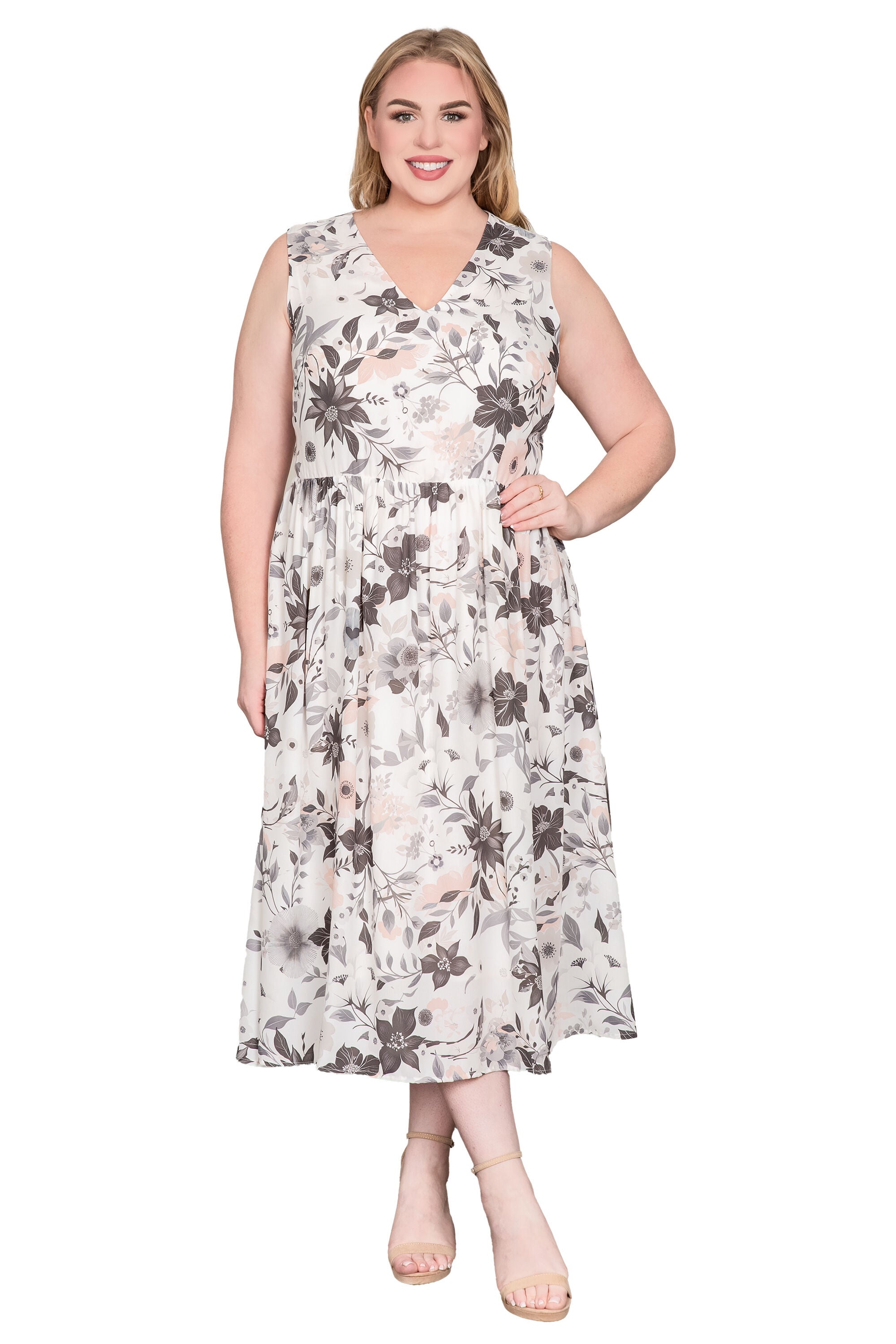 Floral Print Sleeveless V-Neck Maxi A-Line Dress, White Floral / Light Grey, hi-res image number 0