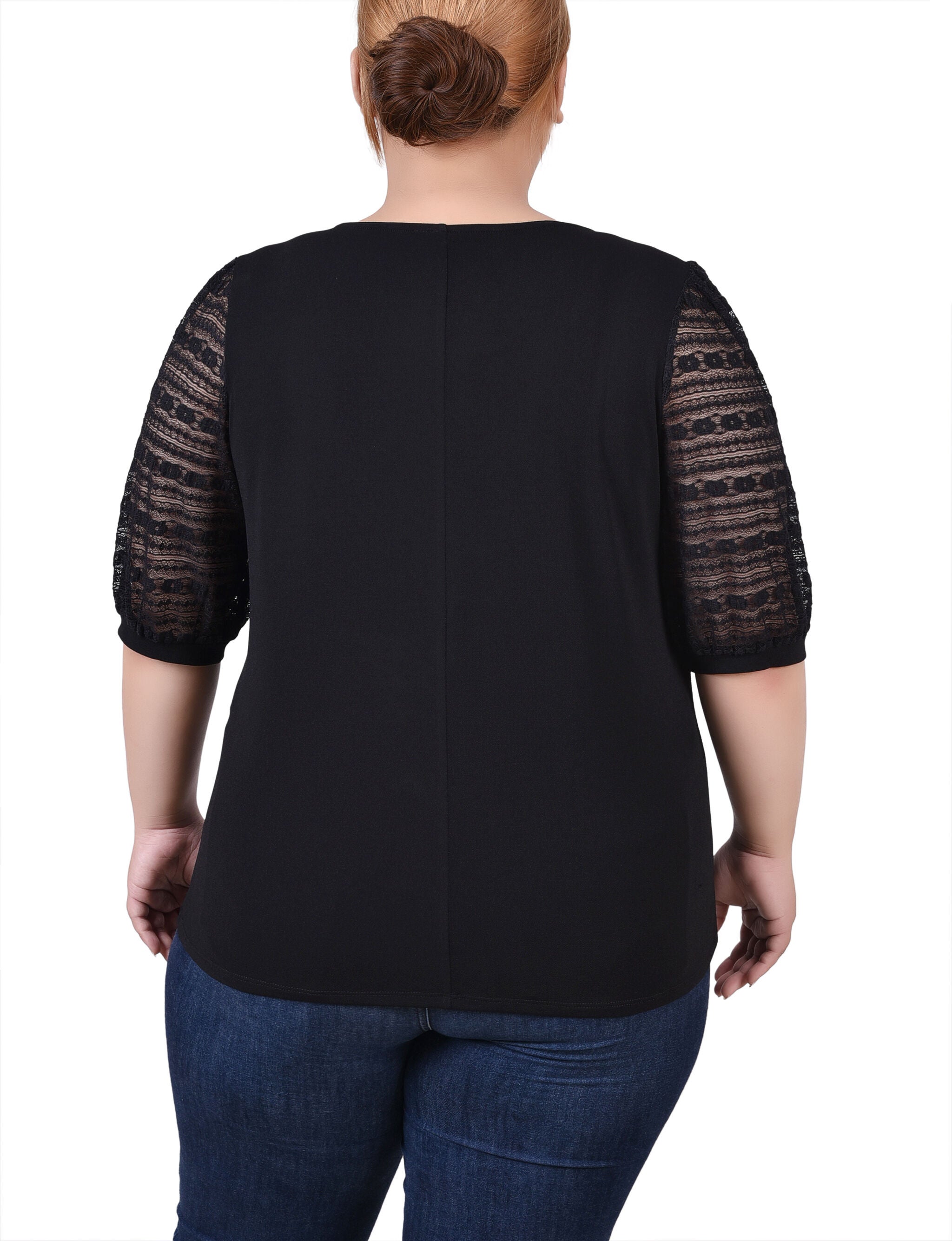 Short Burnout Sleeve Scoop Neck Top, Black, alternate image number 2