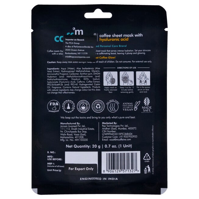 Coffee Sheet Mask with Hyaluronic Acid by mCaffeine for Unisex - 0.7 oz Mask, See Description, alternate image number 1