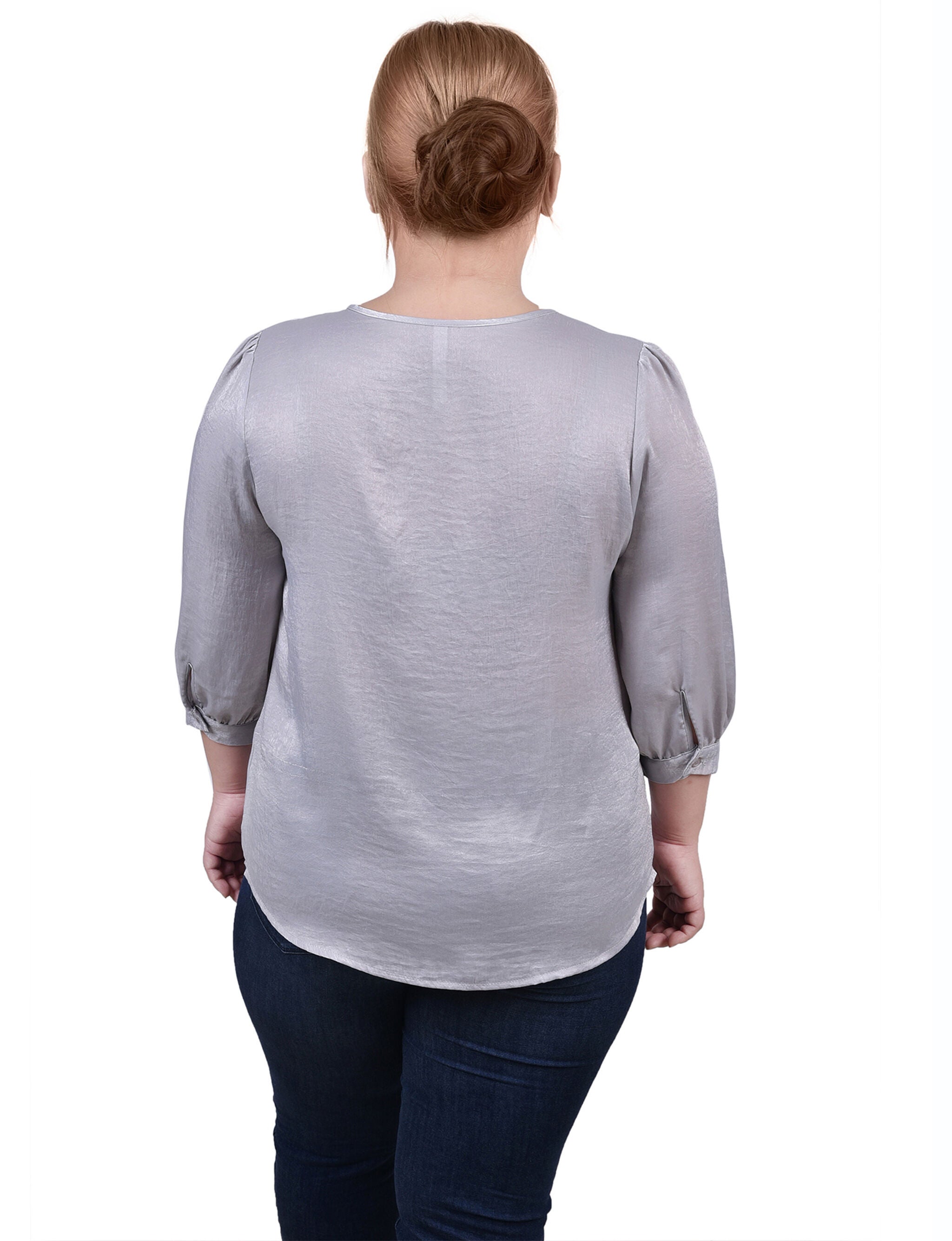 Elbow Sleeve Satin Blouse, Light Grey, alternate image number 2