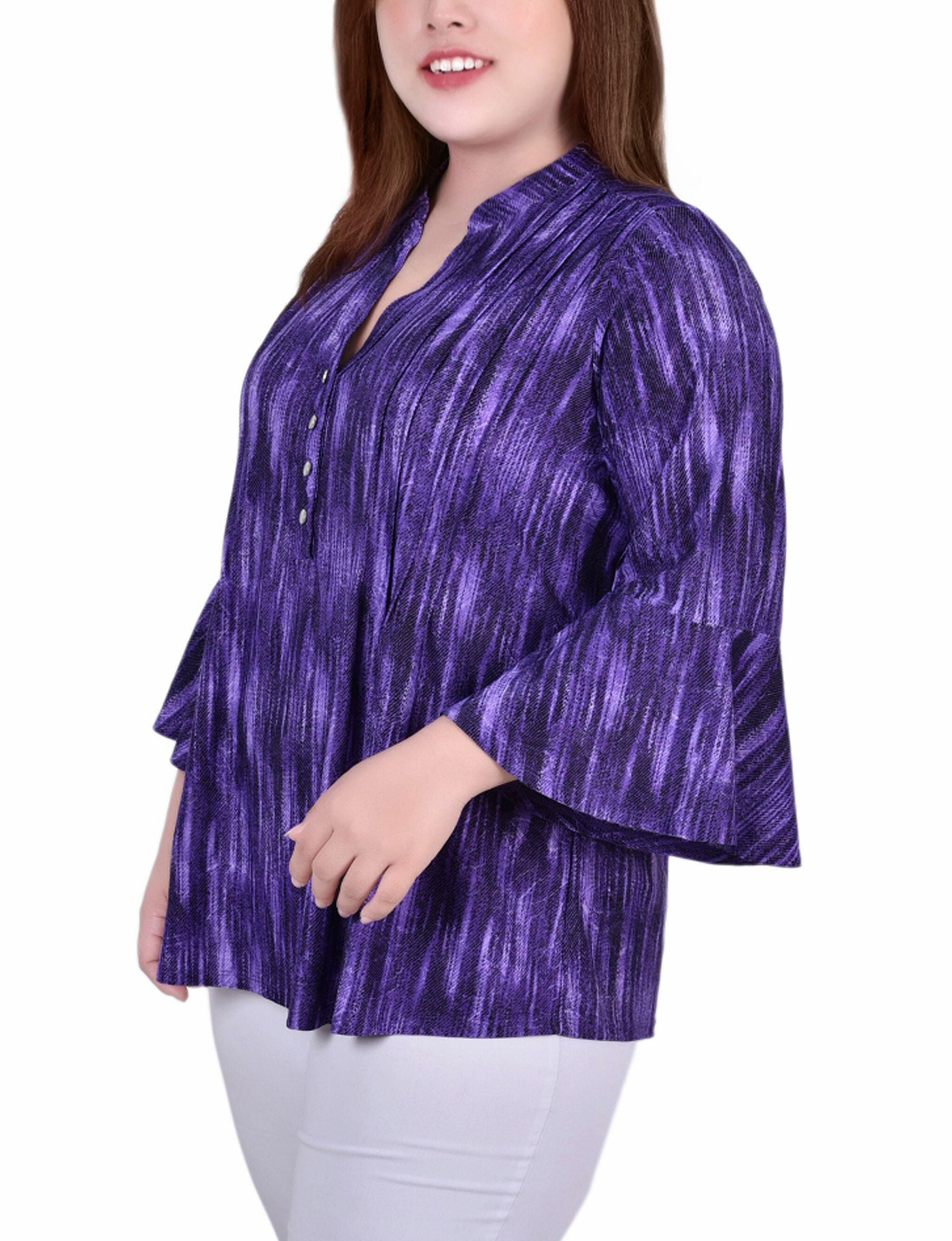 3/4 Bell Sleeve Pleat Front Y Neck Top, Purple Stripe, alternate image number 1