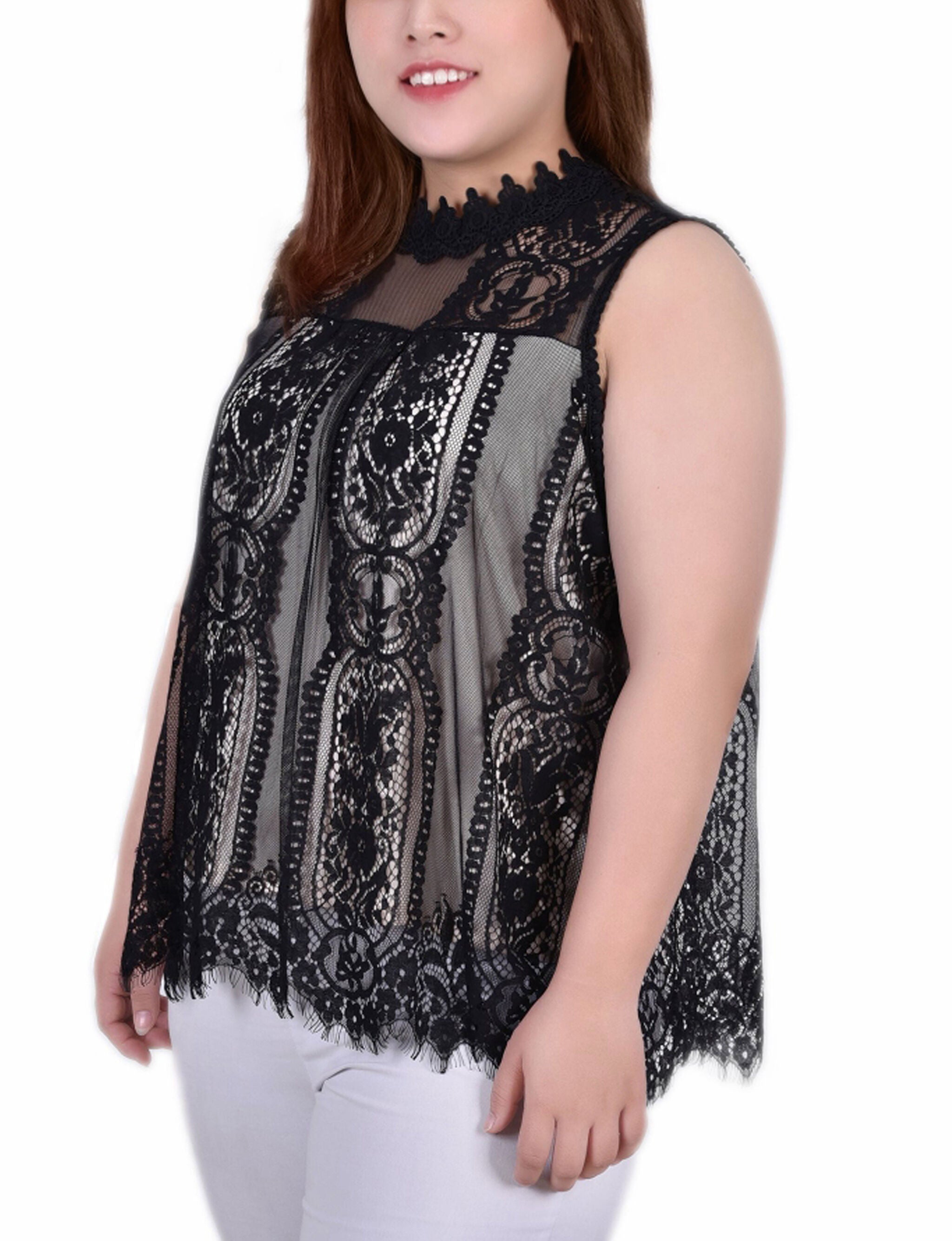 Sleeveless Mock Neck Lace Top, Black Nude, alternate image number 1