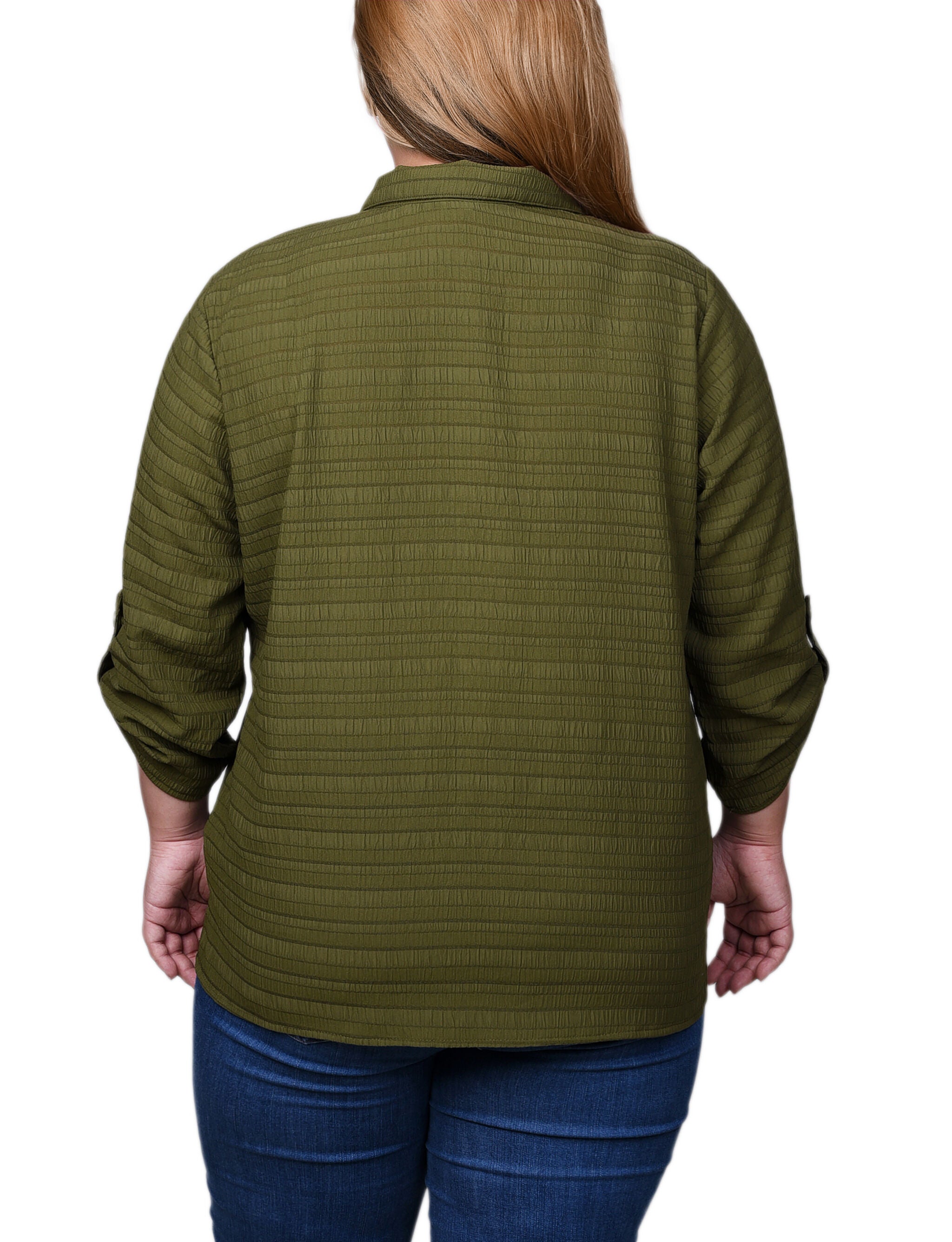 3/4 Sleeve Woven Jacquard Blouse, Olive, alternate image number 1